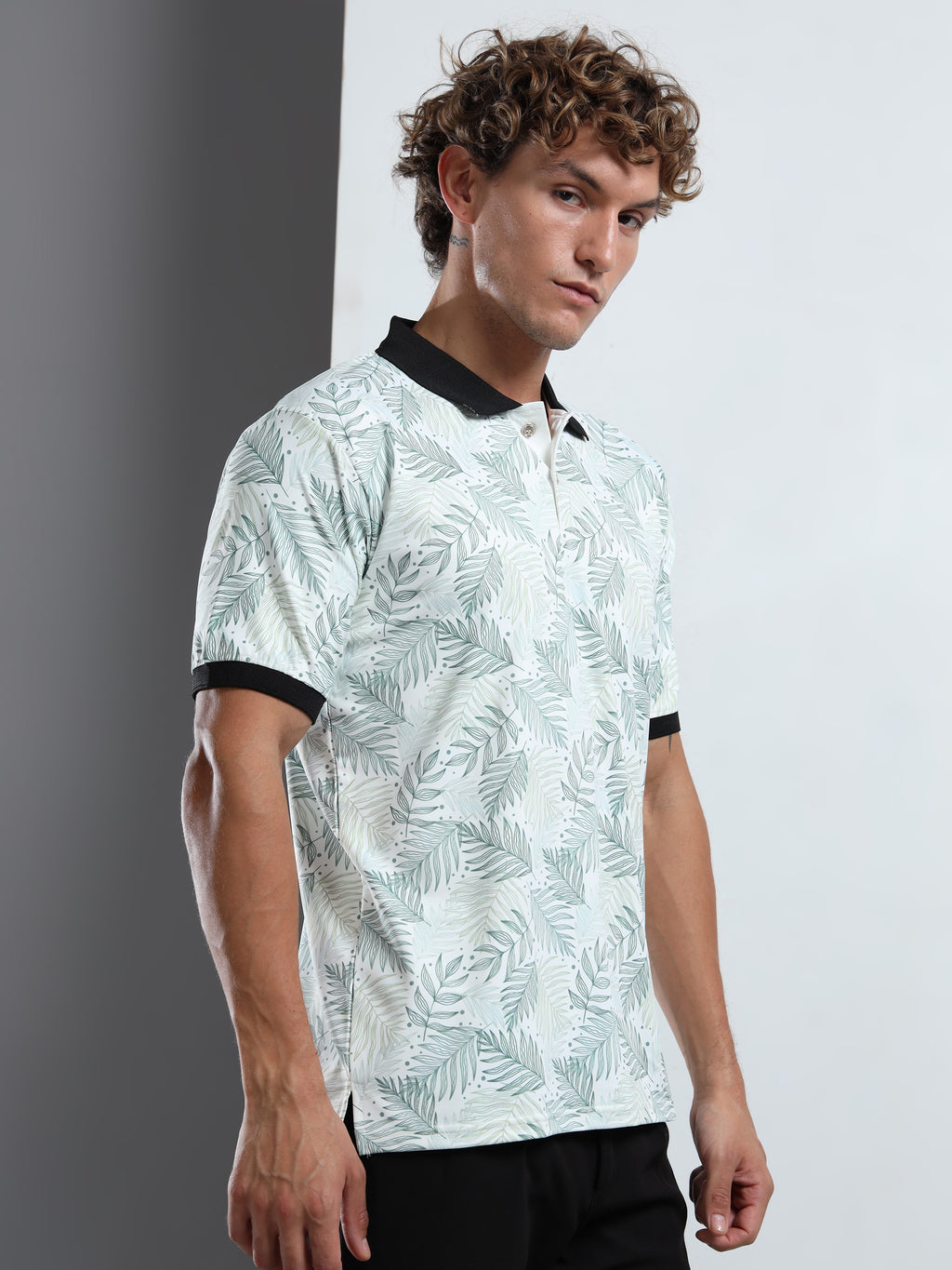 Men’s Leaf-Print Polo T-Shirt