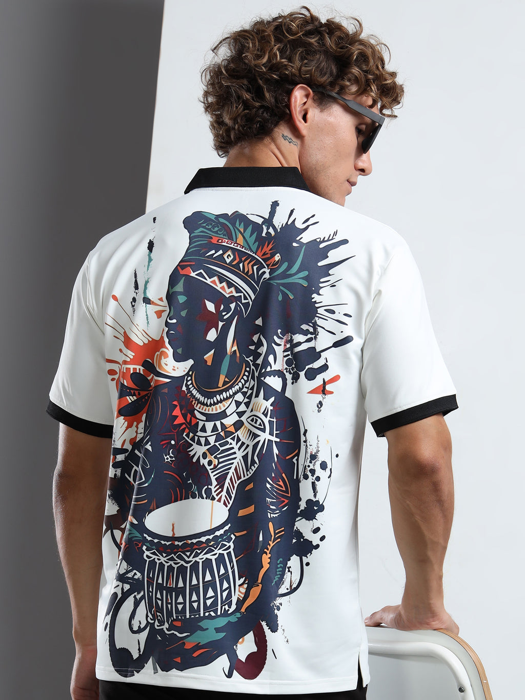 Men’s White Polo T-Shirt with Contrast Collar & Graphic Patch