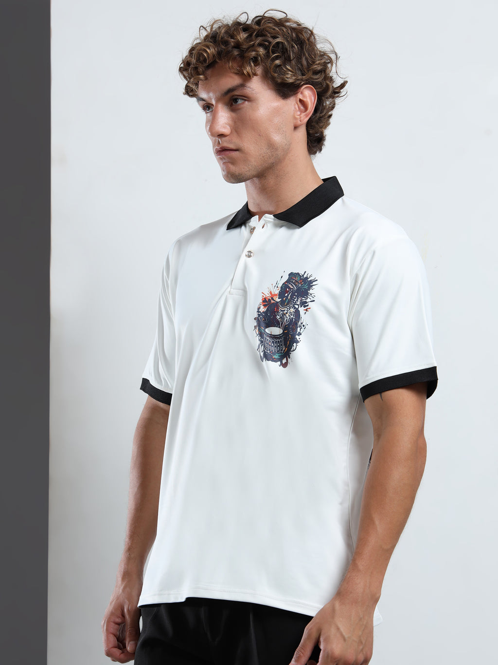 Men’s White Polo T-Shirt with Contrast Collar & Graphic Patch