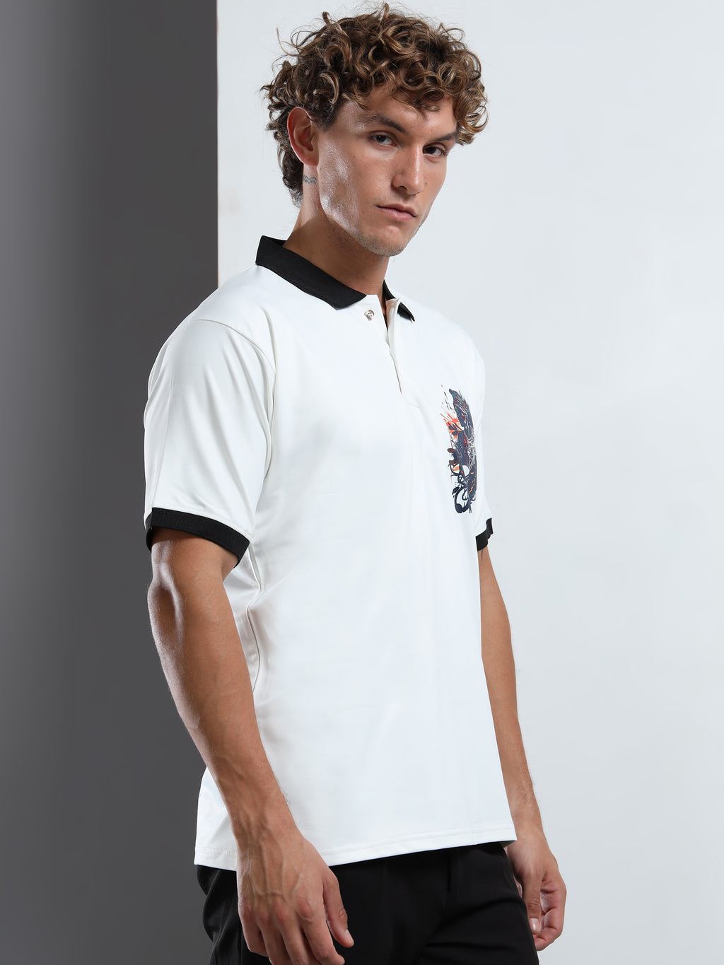 Men’s White Polo T-Shirt with Contrast Collar & Graphic Patch