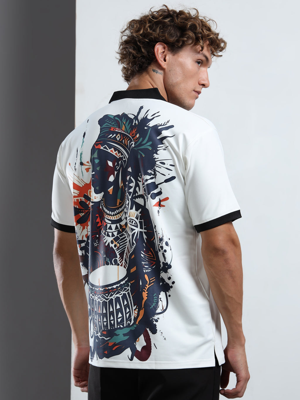 Men’s White Polo T-Shirt with Contrast Collar & Graphic Patch