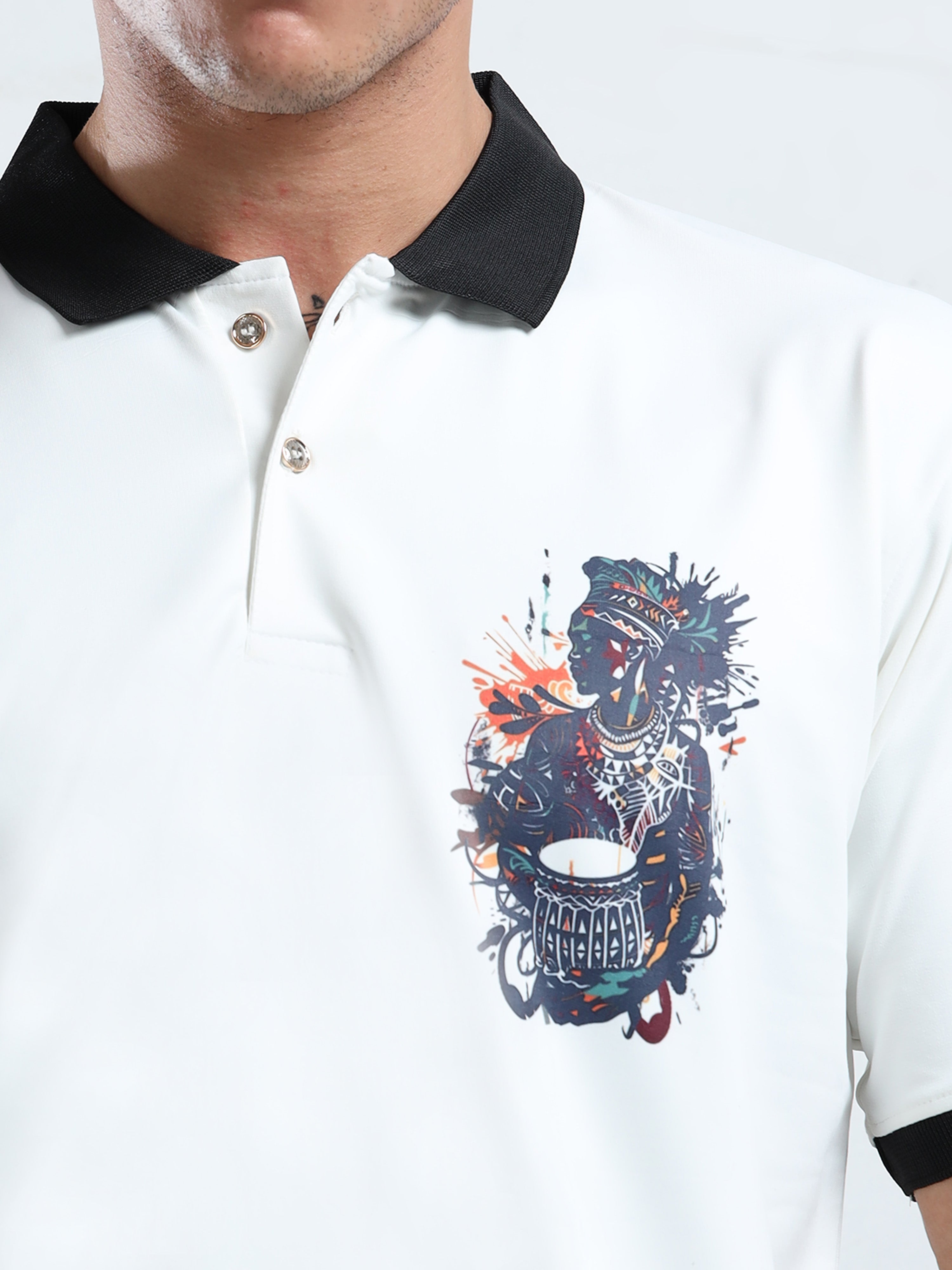 Men’s White Polo T-Shirt with Contrast Collar & Graphic Patch