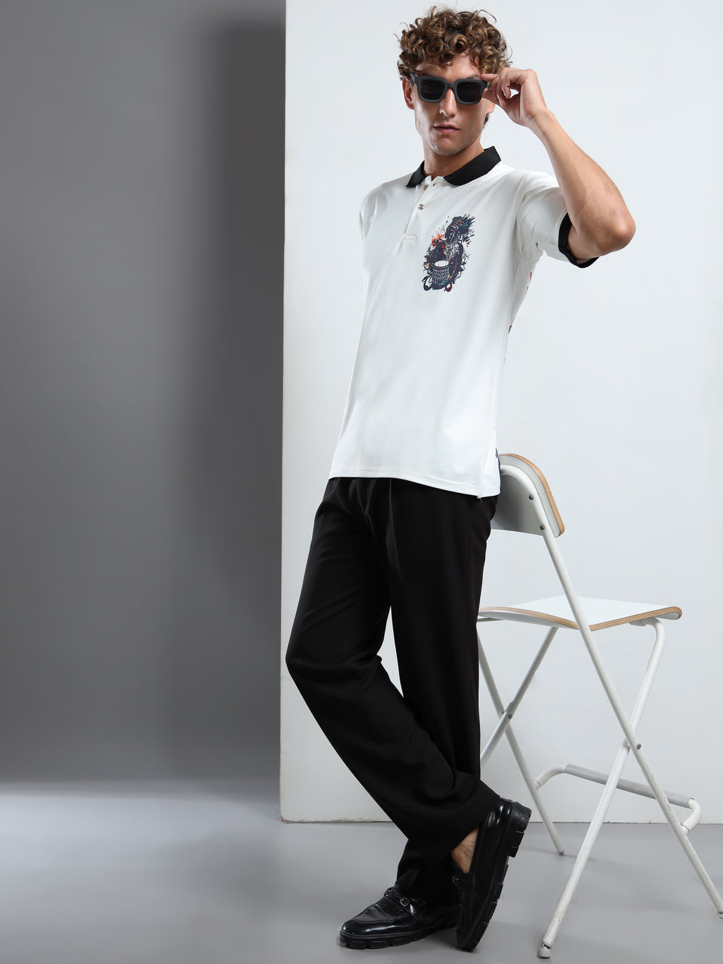 Men’s White Polo T-Shirt with Contrast Collar & Graphic Patch