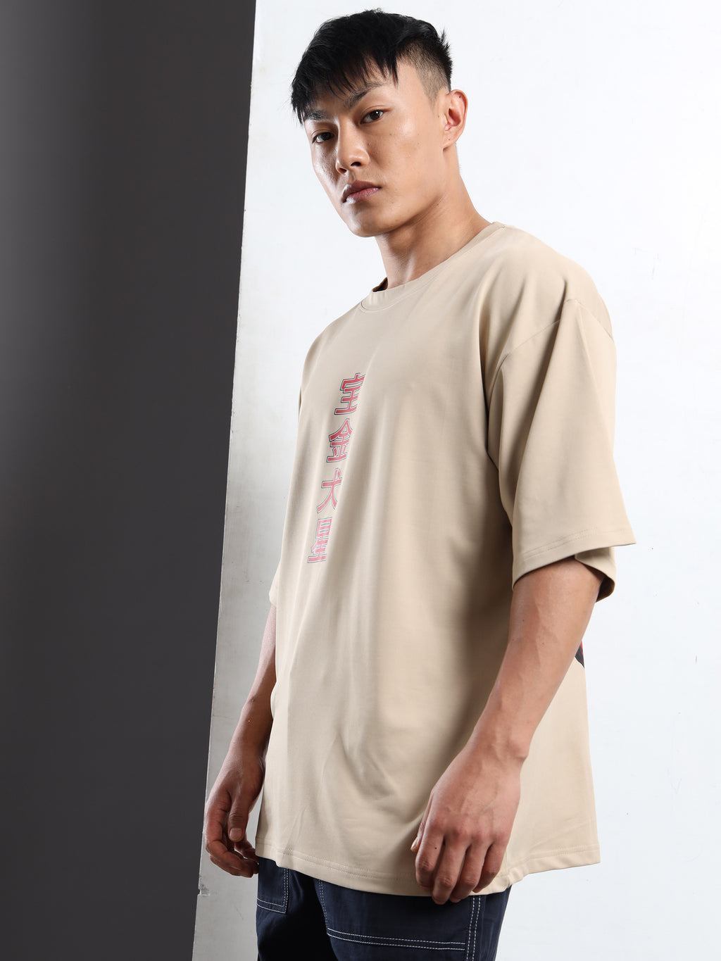 Men's Beige Japanese Dragon Oversized T-Shirt