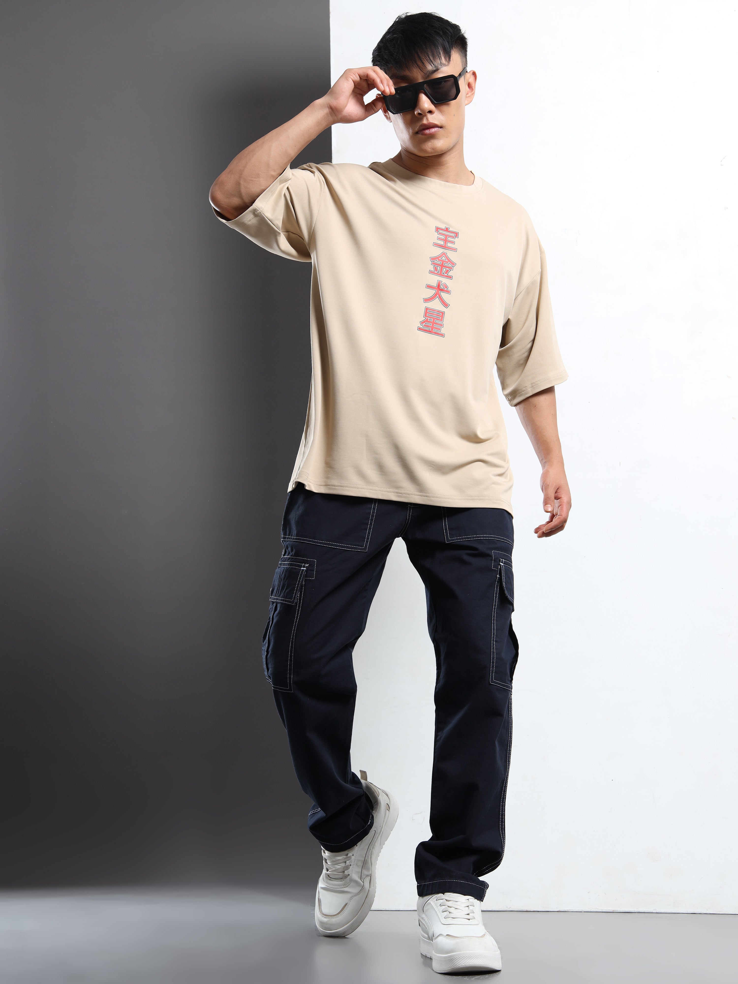 Men's Beige Japanese Dragon Oversized T-Shirt