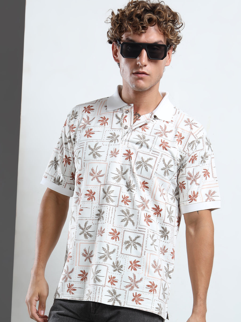 Men’s Retro Palm Print Polo T-Shirt
