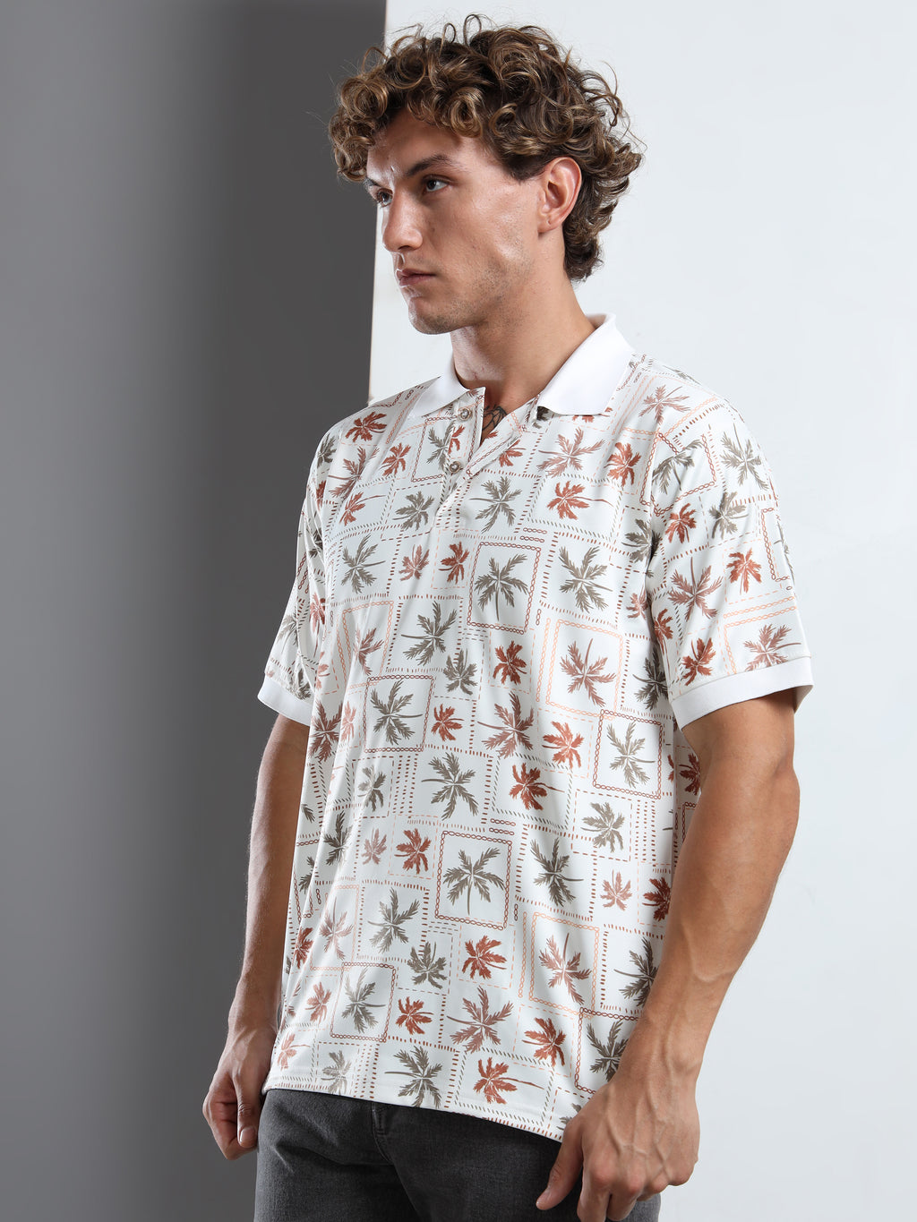 Men’s Retro Palm Print Polo T-Shirt