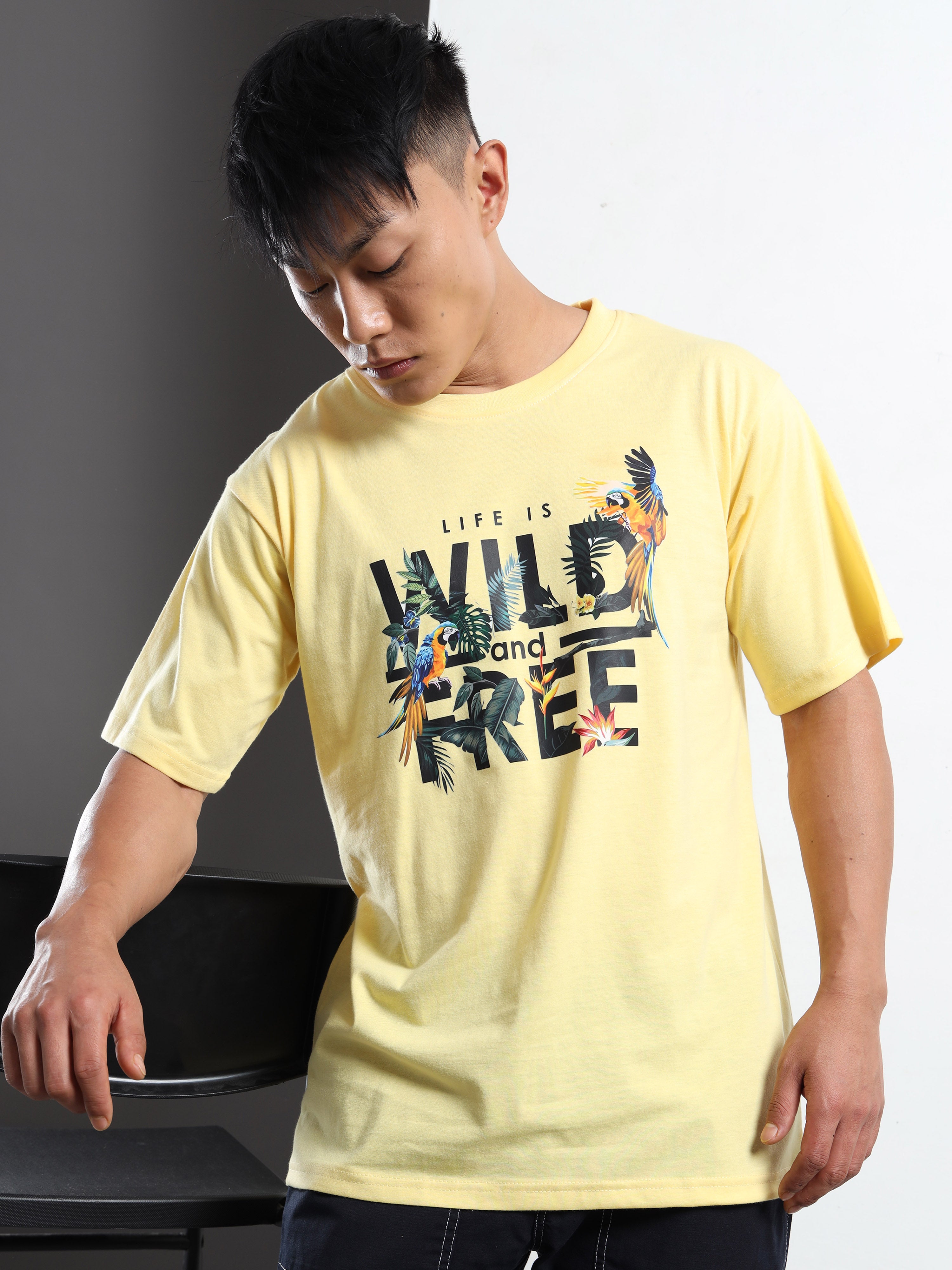 Men's Light Yellow Wild and Free Tropical Graphic T-Shirt