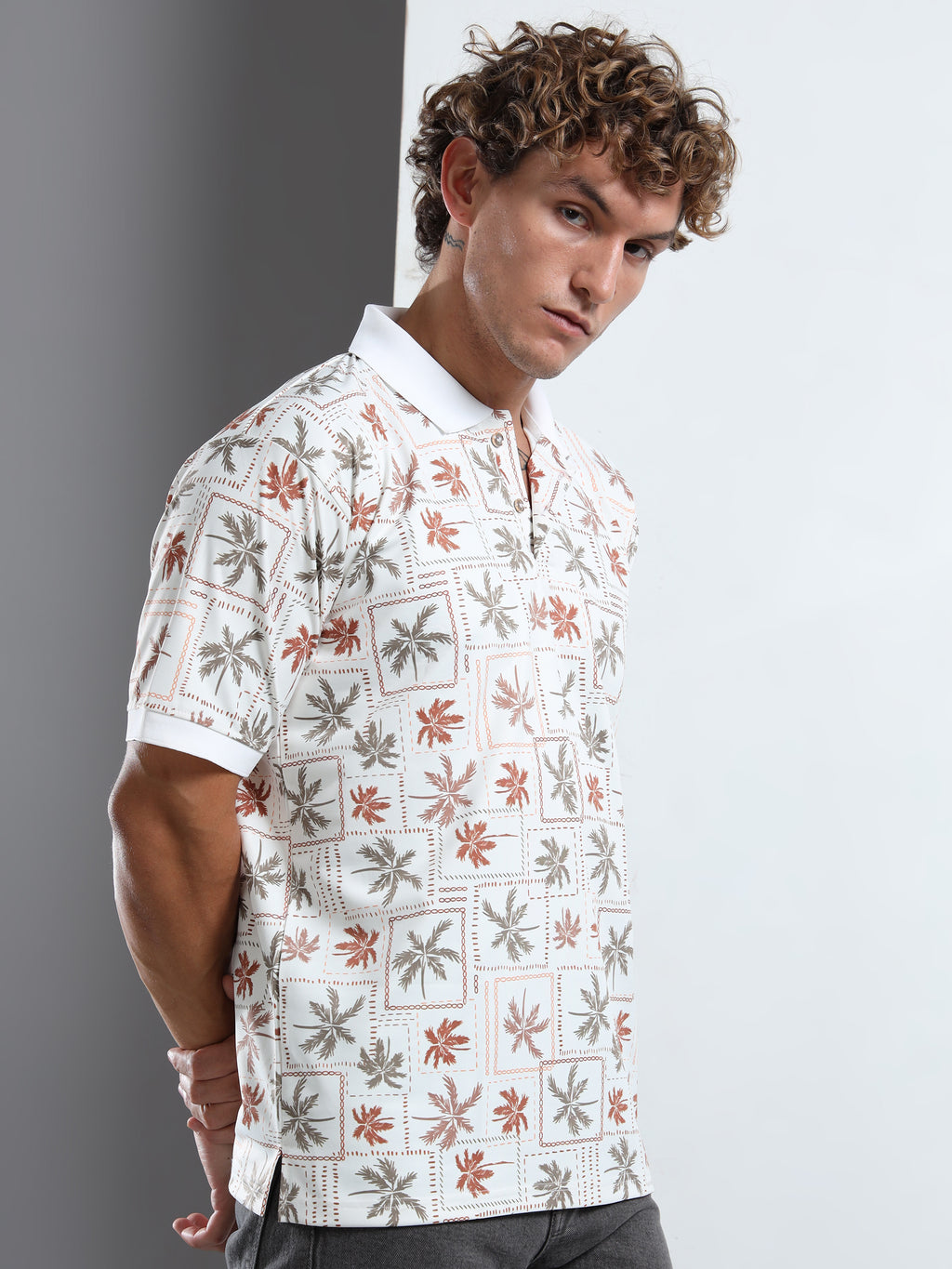 Men’s Retro Palm Print Polo T-Shirt