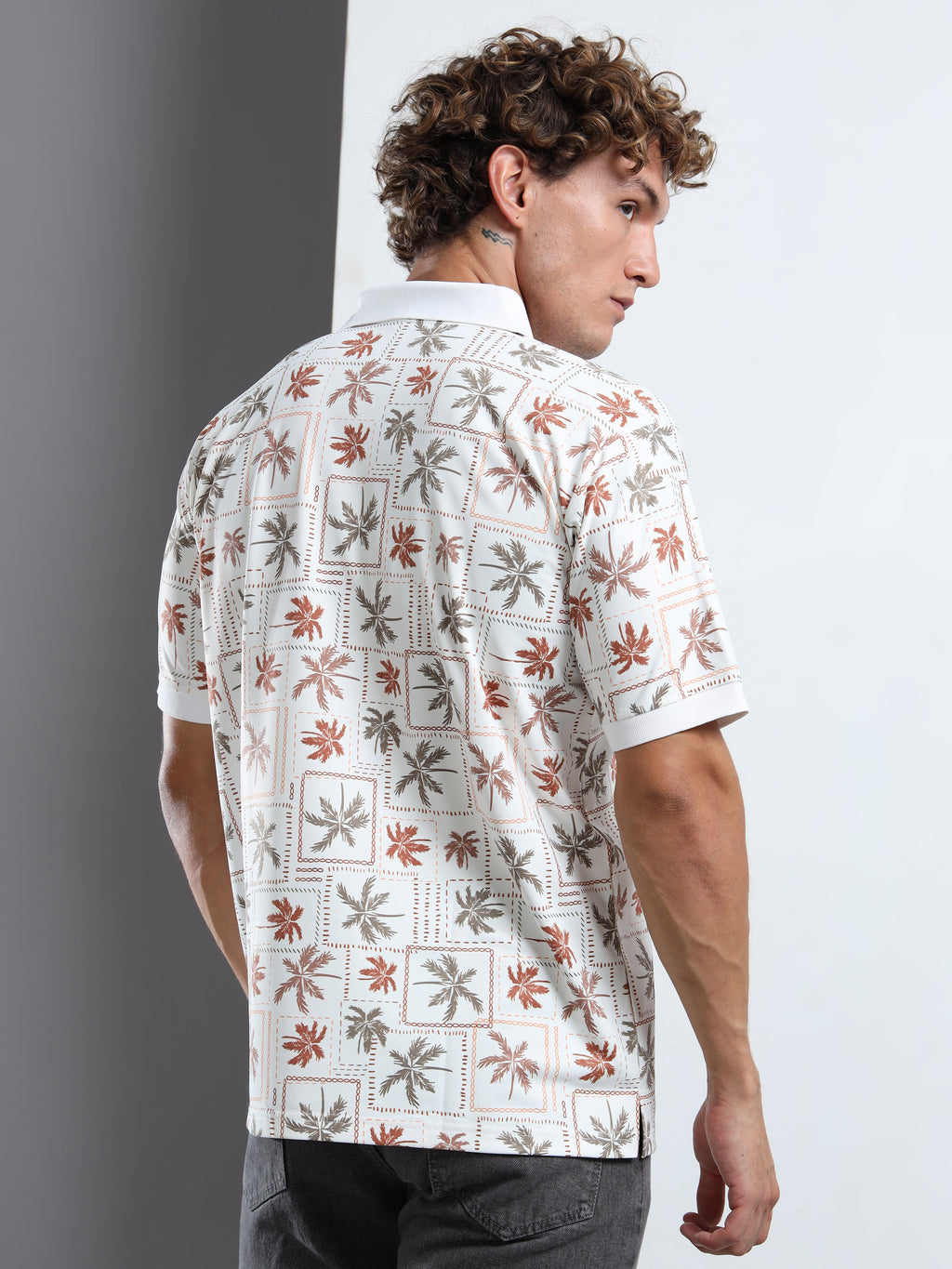 Men’s Retro Palm Print Polo T-Shirt