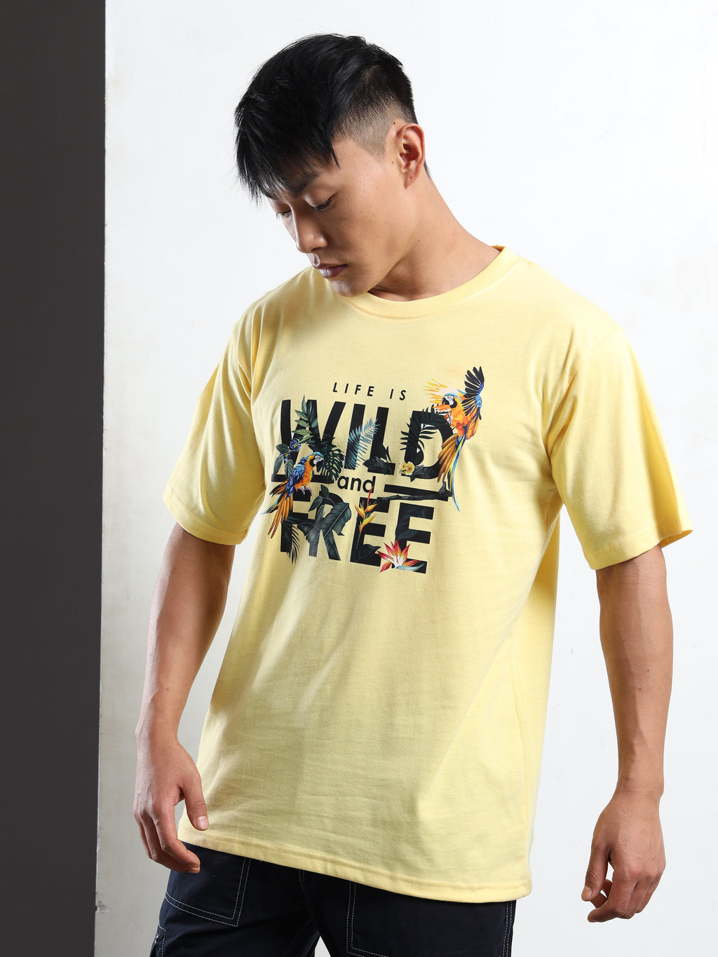 Men's Light Yellow Wild and Free Tropical Graphic T-Shirt