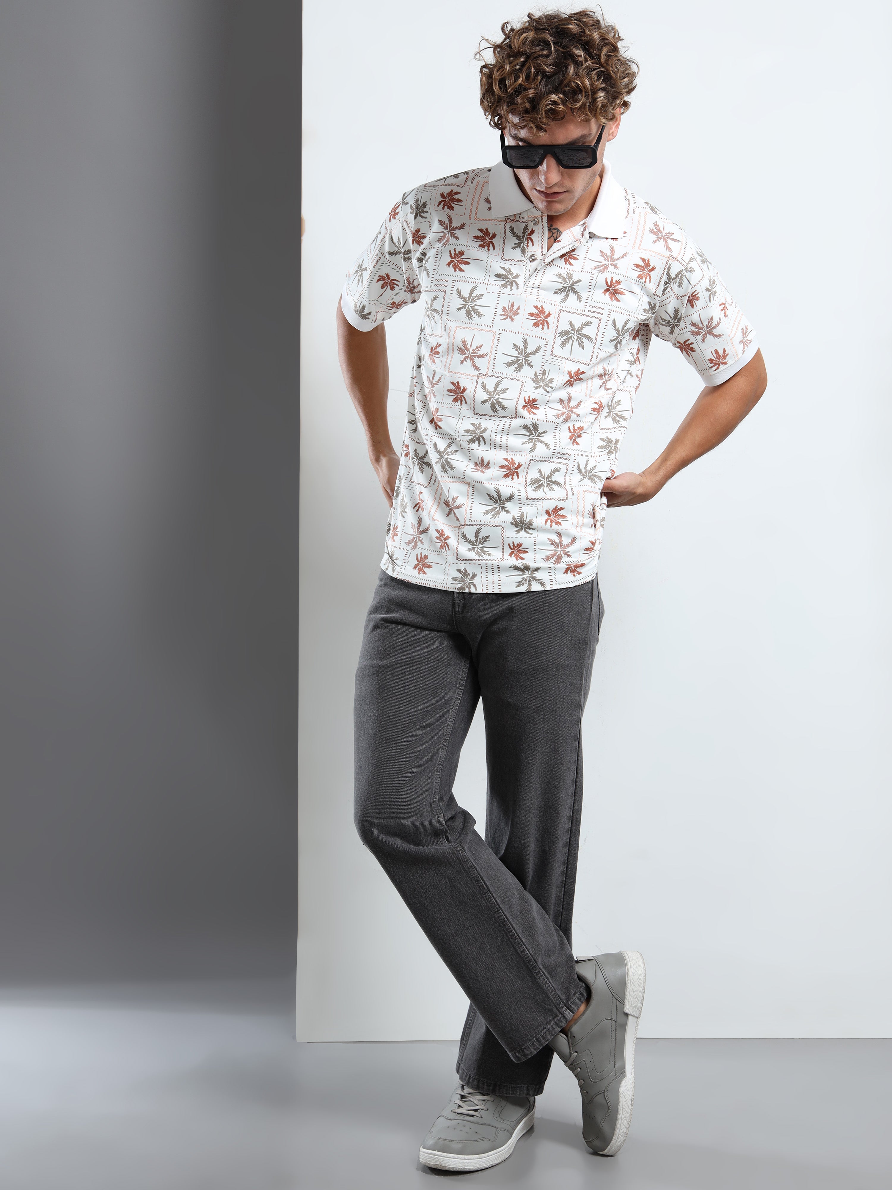 Men’s Retro Palm Print Polo T-Shirt