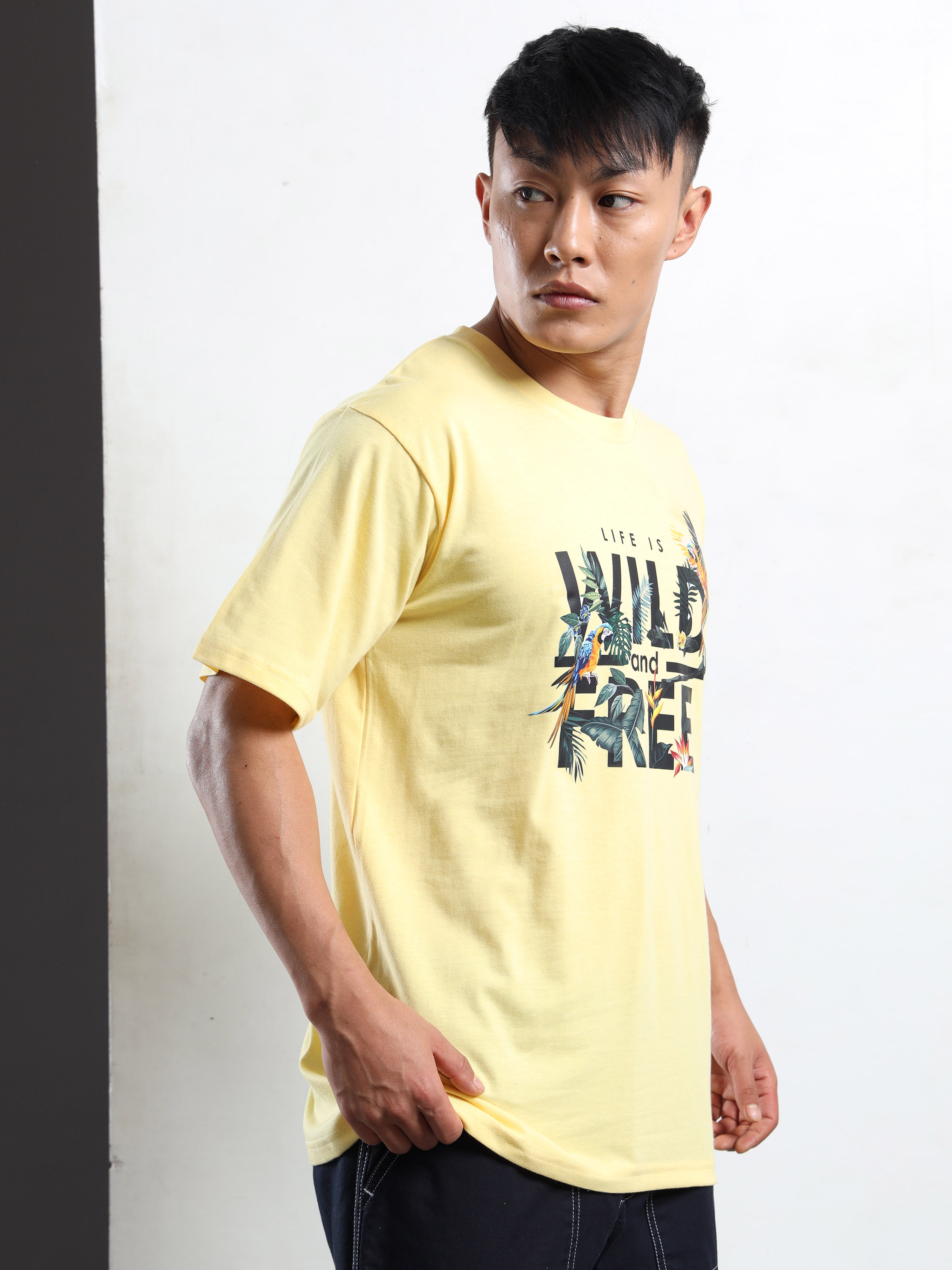 Men's Light Yellow Wild and Free Tropical Graphic T-Shirt