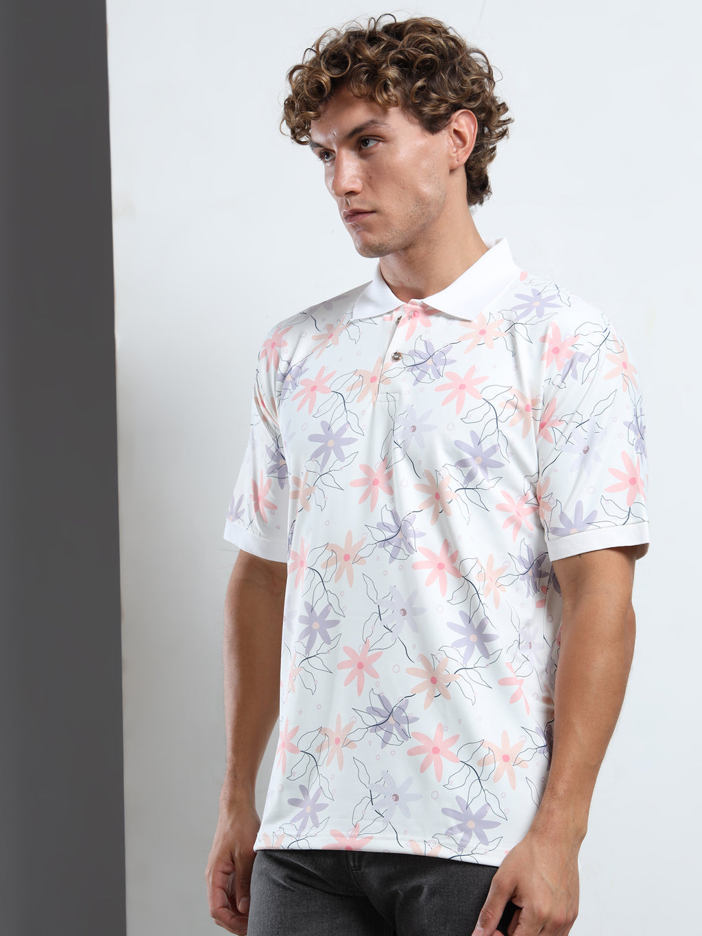 Men’s Soft Pastel Floral Print Polo T-Shirt