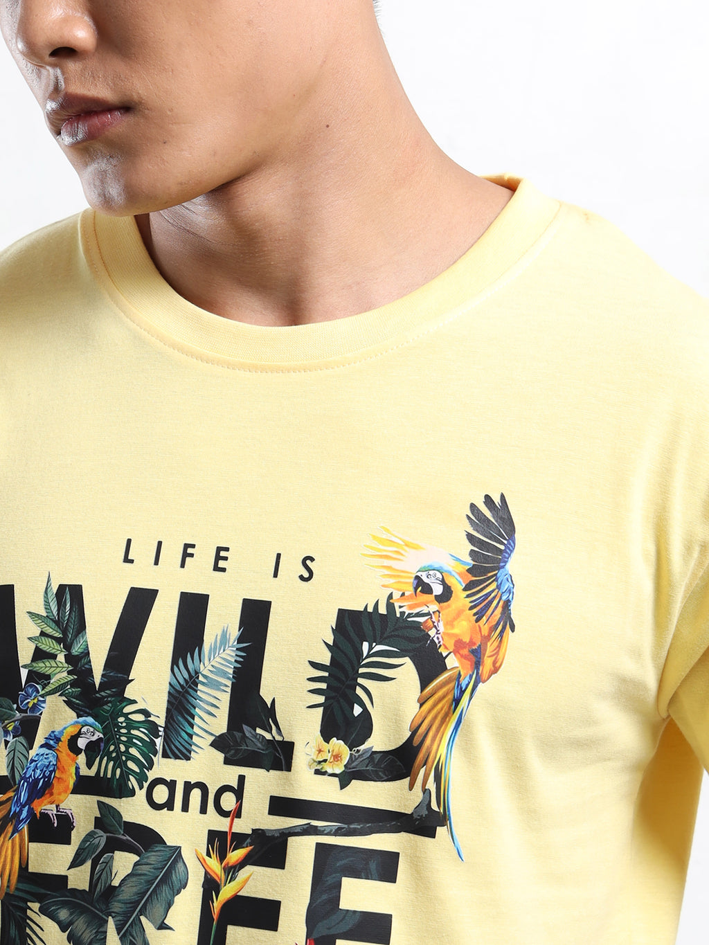 Men's Light Yellow Wild and Free Tropical Graphic T-Shirt