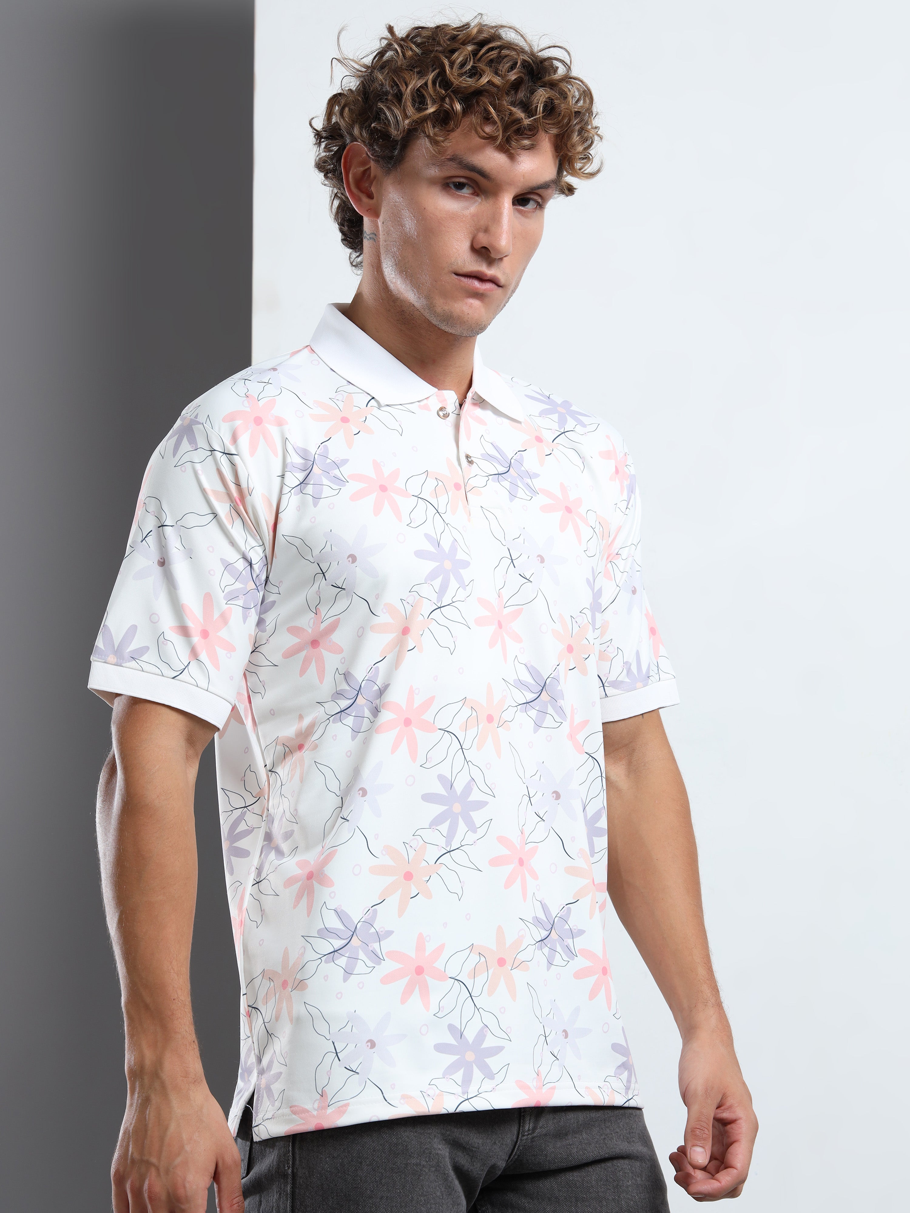 Men’s Soft Pastel Floral Print Polo T-Shirt