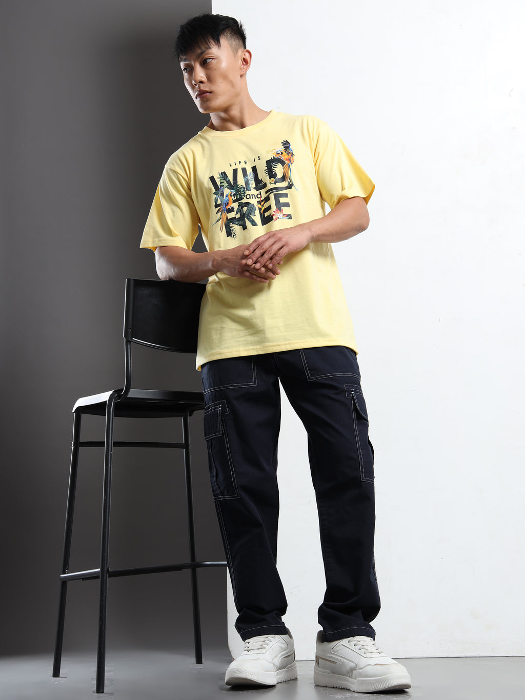 Men's Light Yellow Wild and Free Tropical Graphic T-Shirt