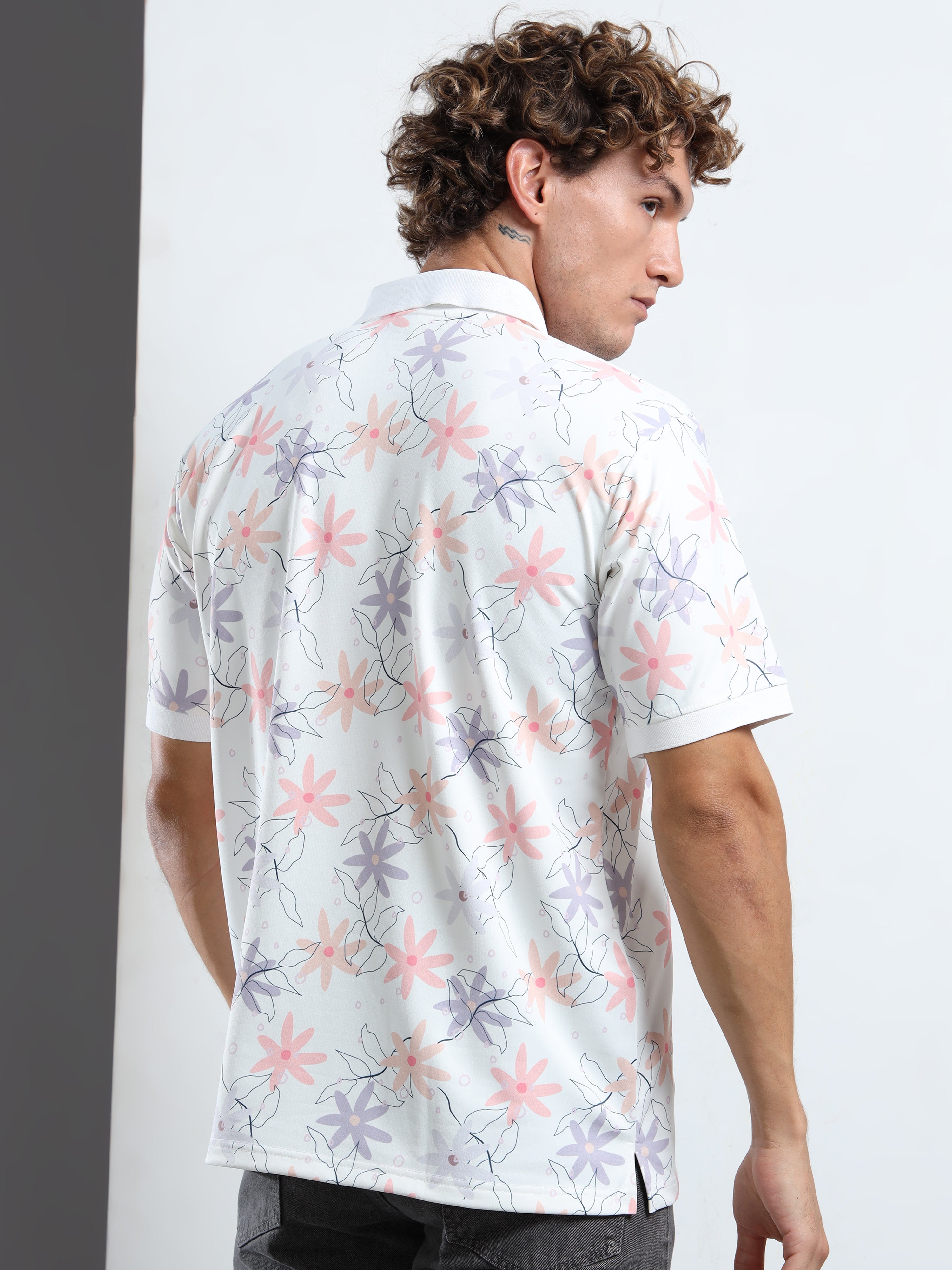 Men’s Soft Pastel Floral Print Polo T-Shirt