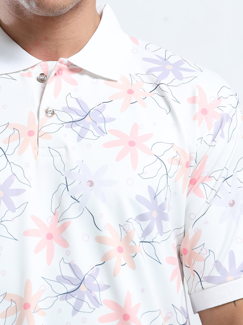 Men’s Soft Pastel Floral Print Polo T-Shirt