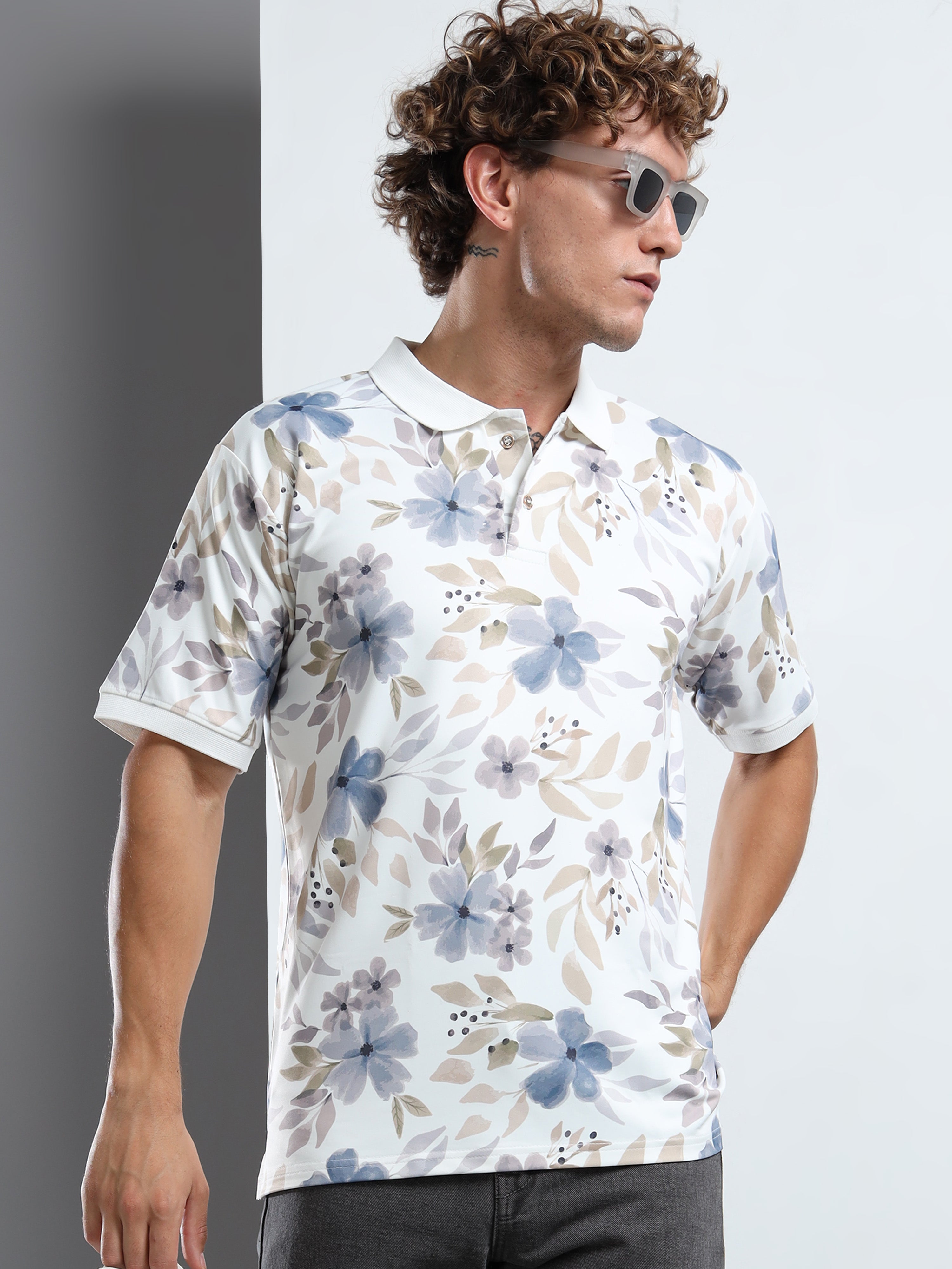 Men’s Abstract Floral Print Polo T-Shirt