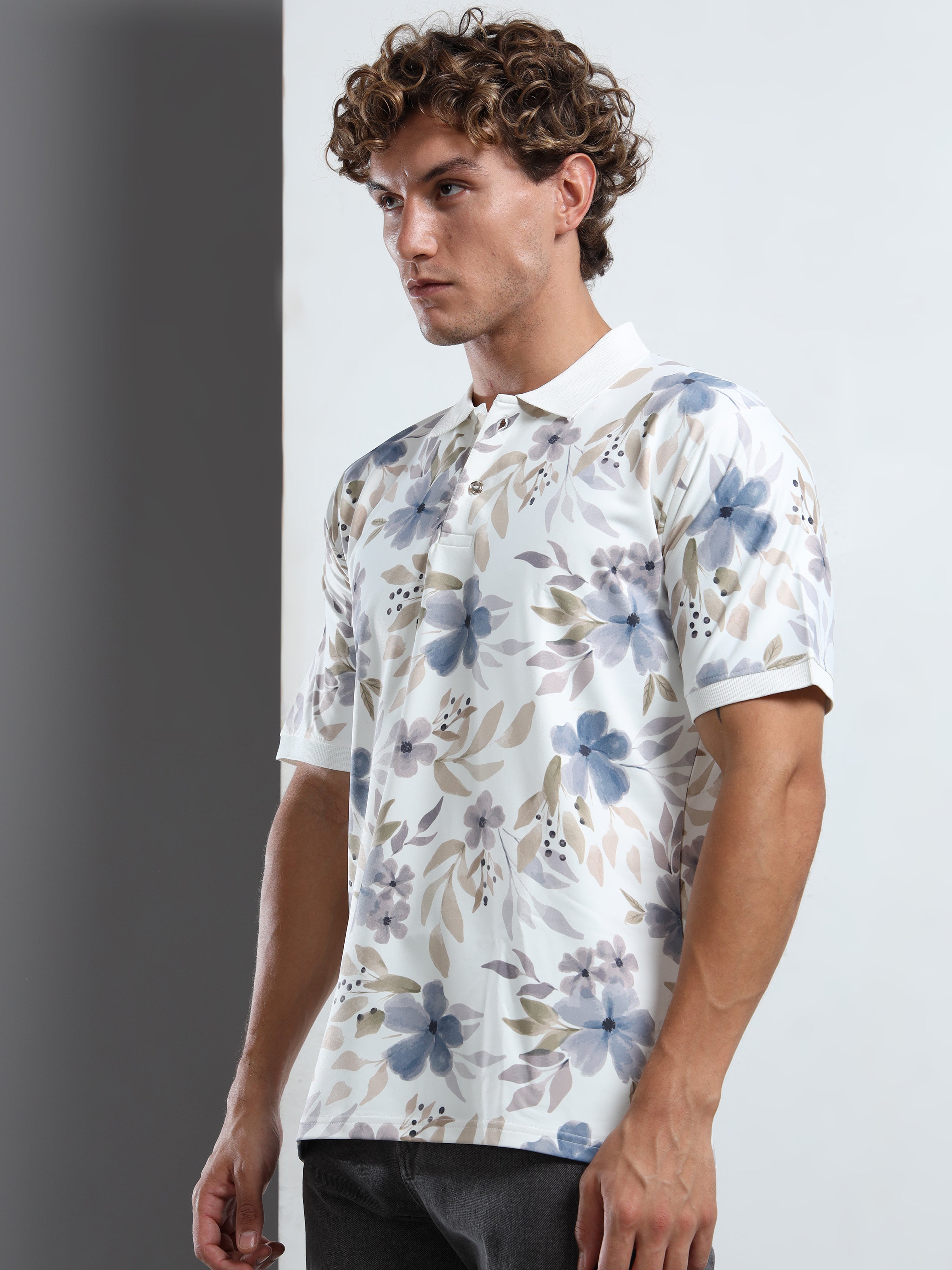 Men’s Abstract Floral Print Polo T-Shirt
