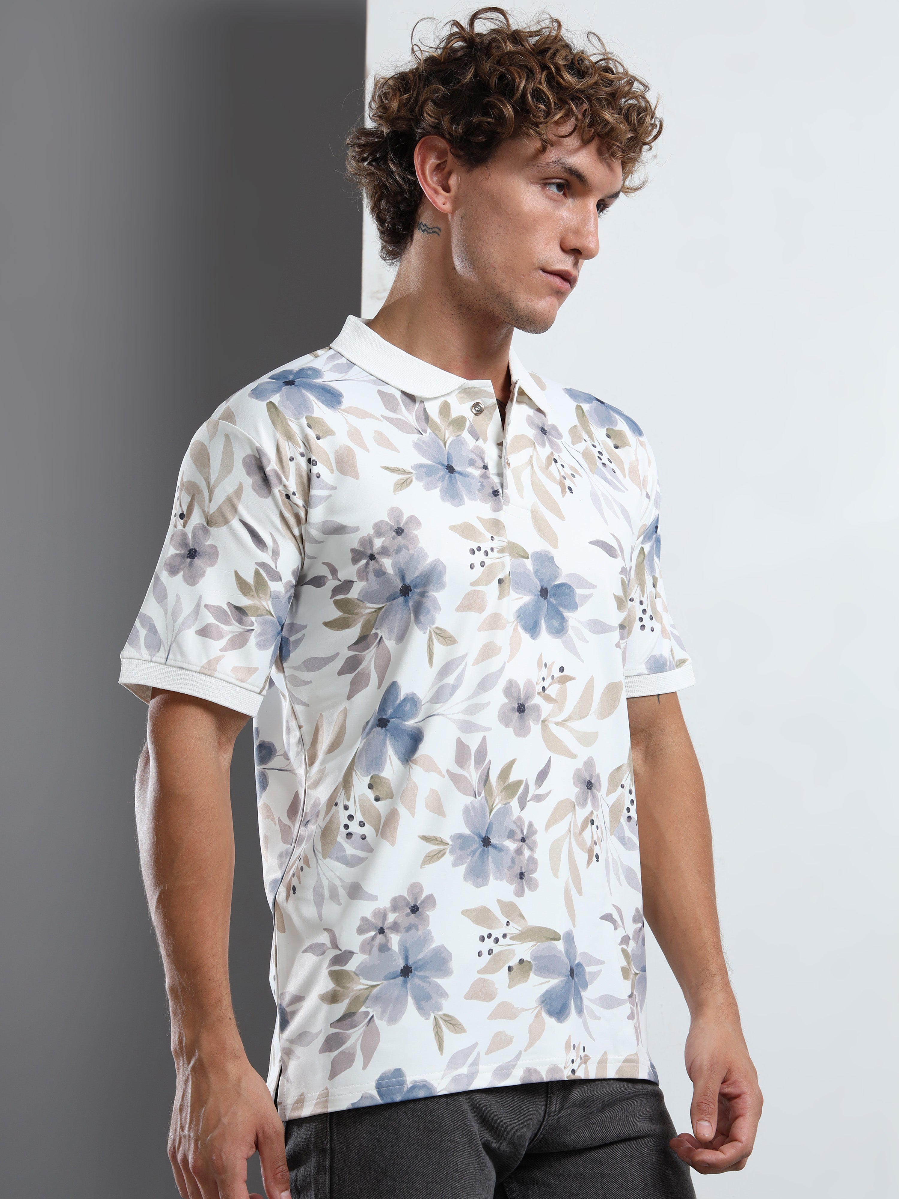 Men’s Abstract Floral Print Polo T-Shirt