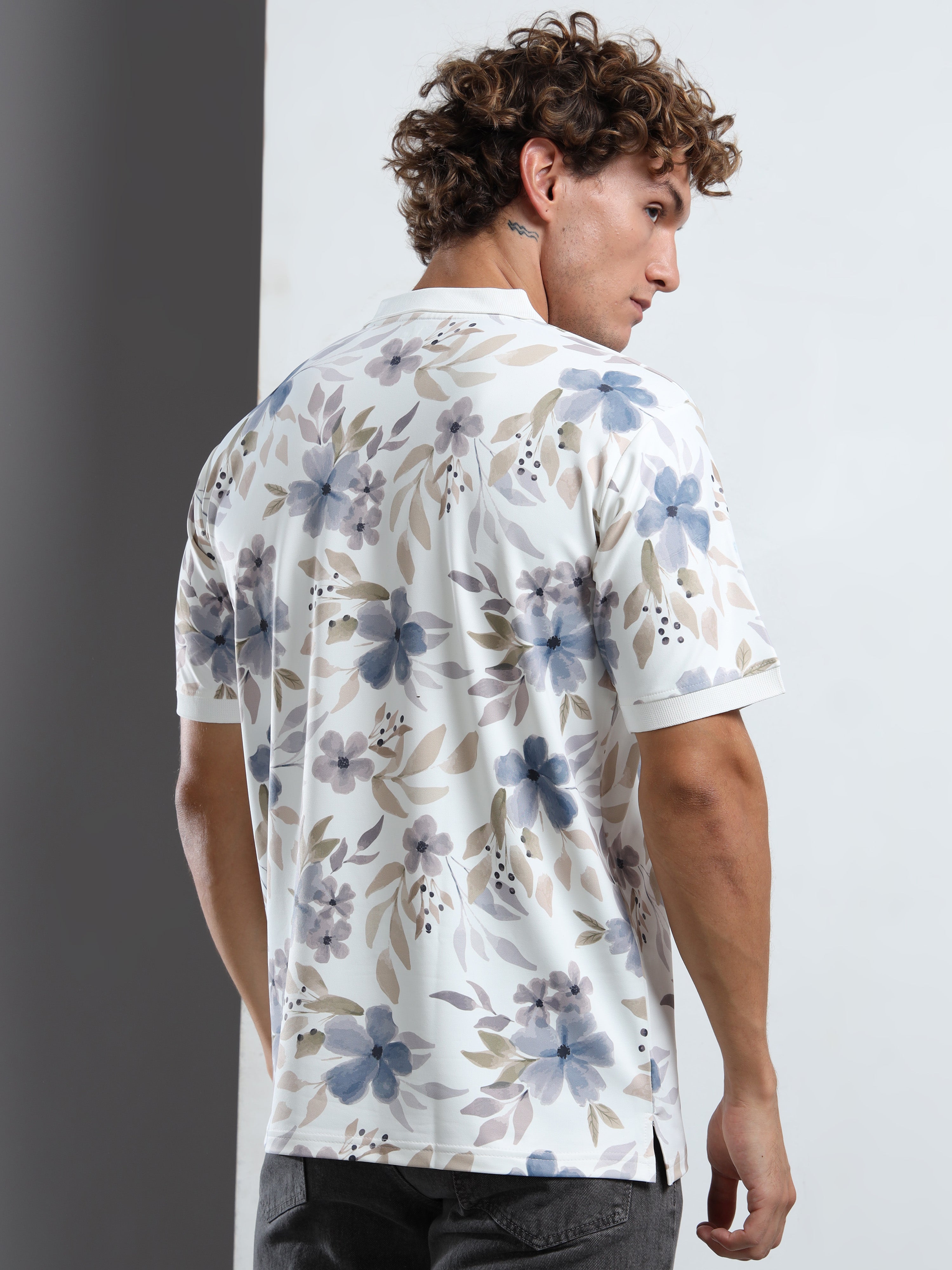 Men’s Abstract Floral Print Polo T-Shirt