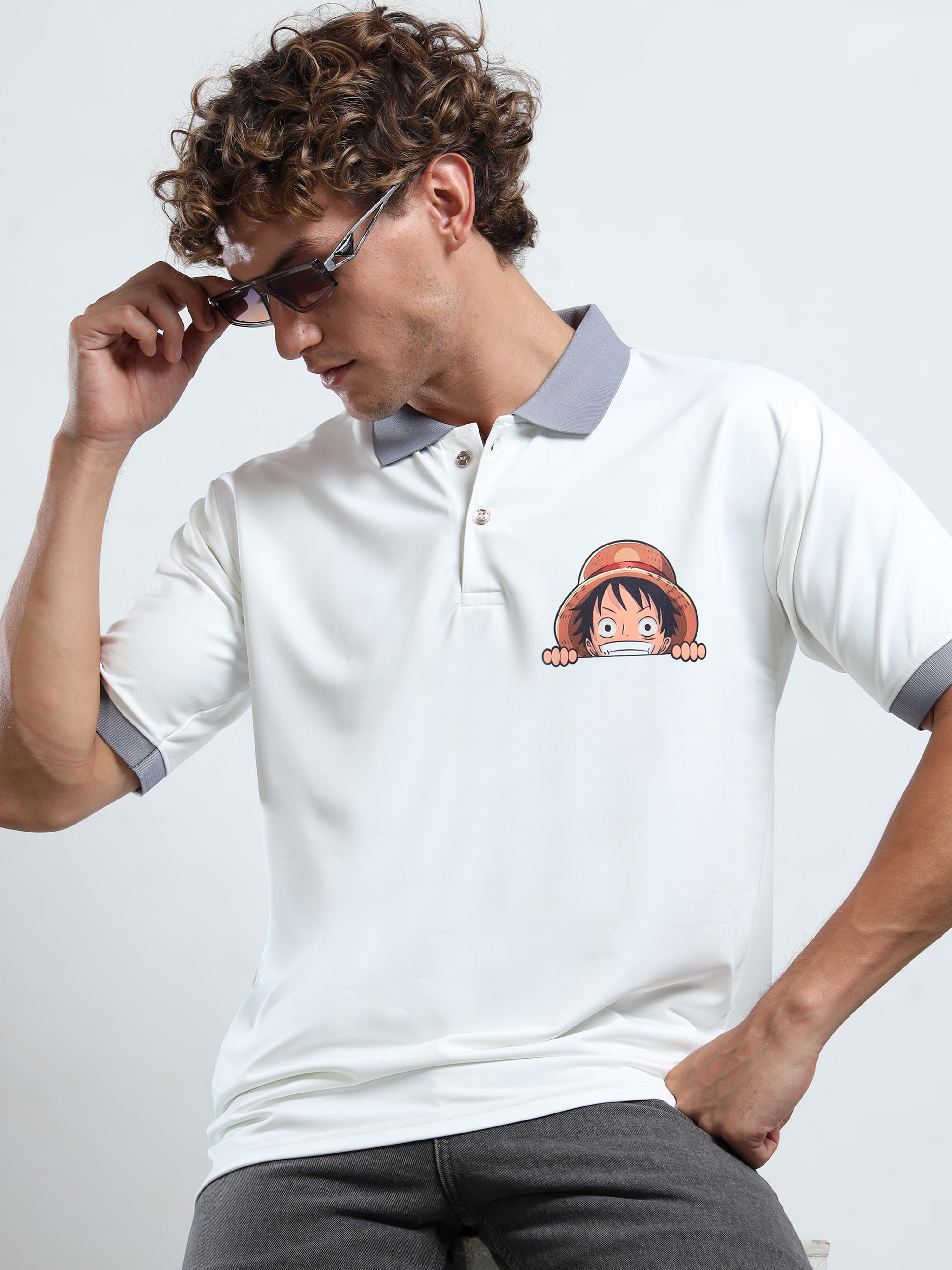 Men’s White Polo Shirt with Peek-a-Boo Anime Graphic