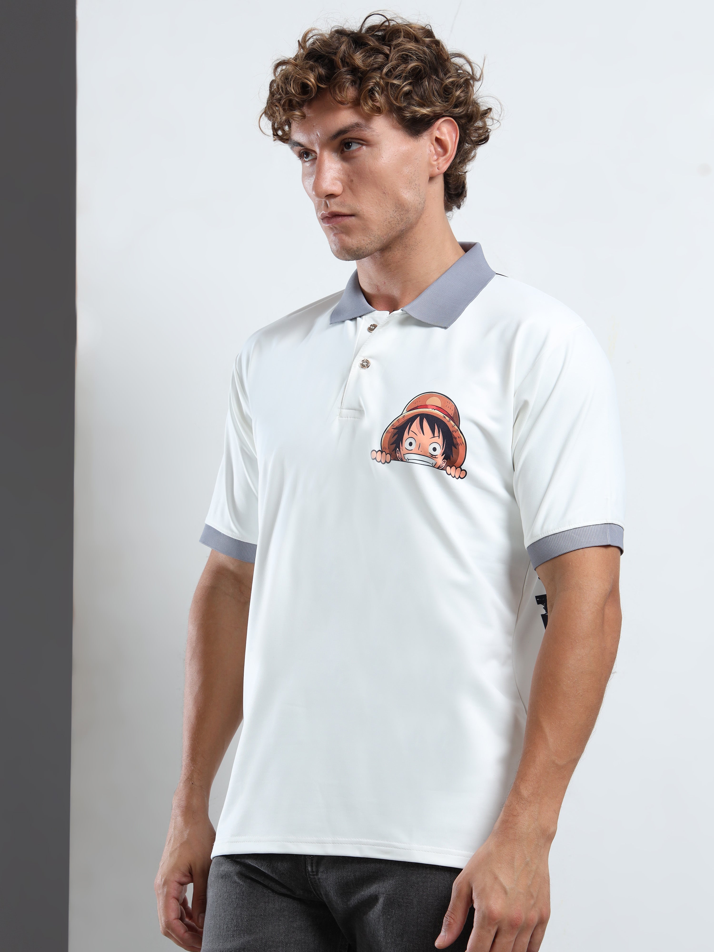 Men’s White Polo Shirt with Peek-a-Boo Anime Graphic
