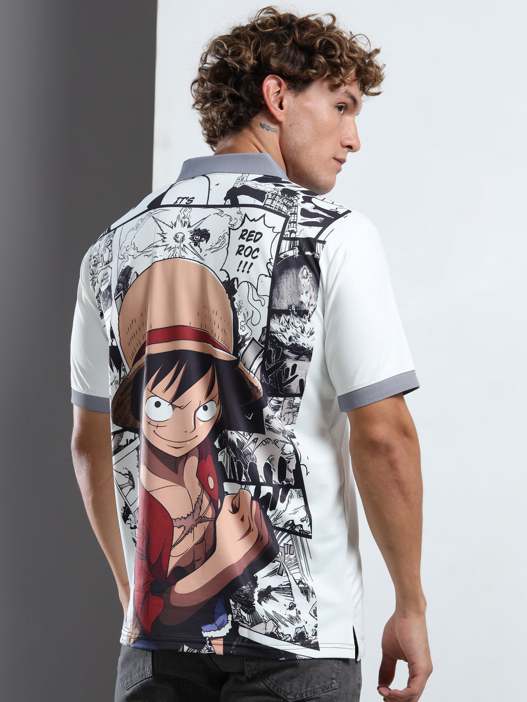 Men’s White Polo Shirt with Peek-a-Boo Anime Graphic