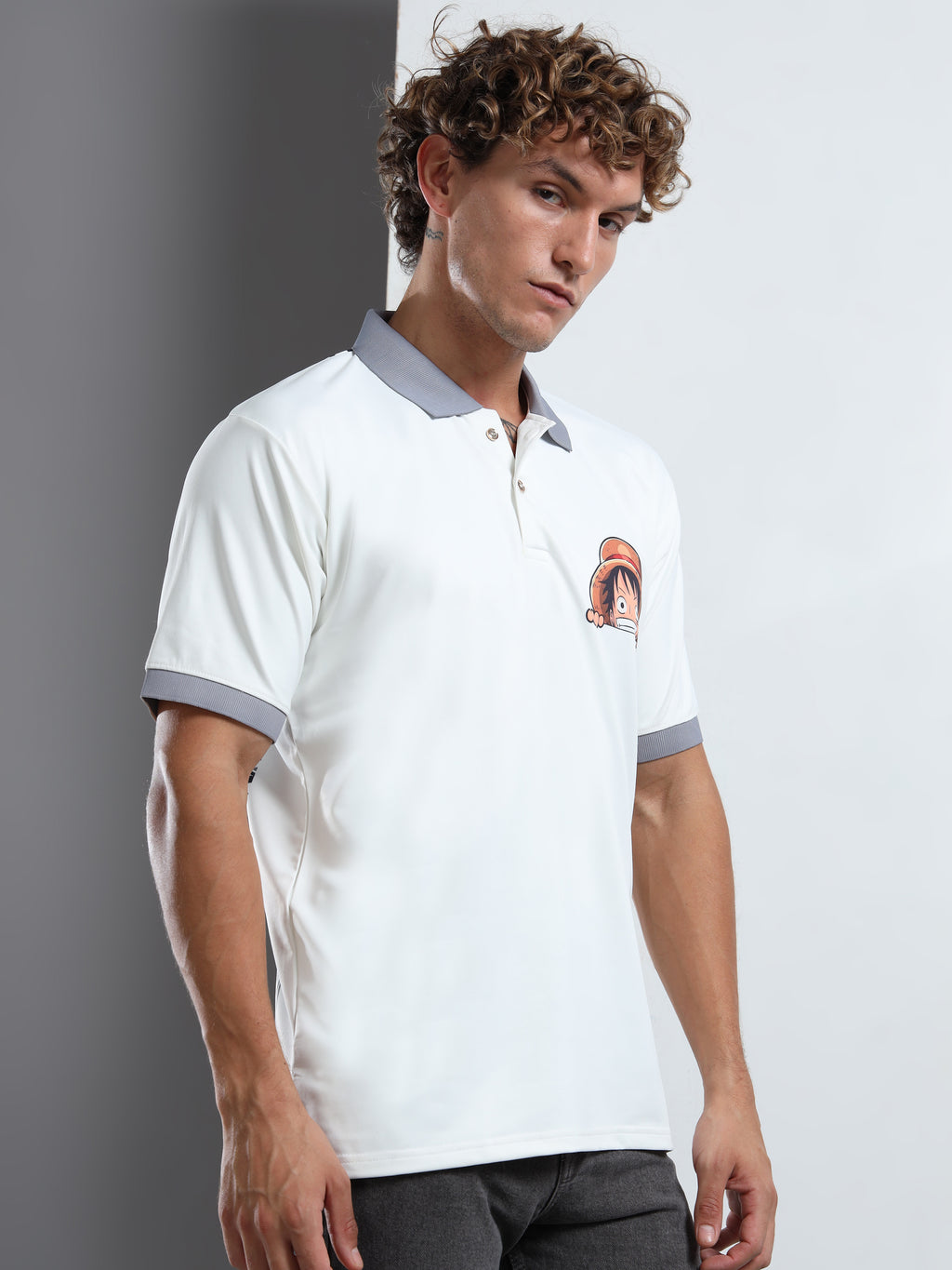 Men’s White Polo Shirt with Peek-a-Boo Anime Graphic