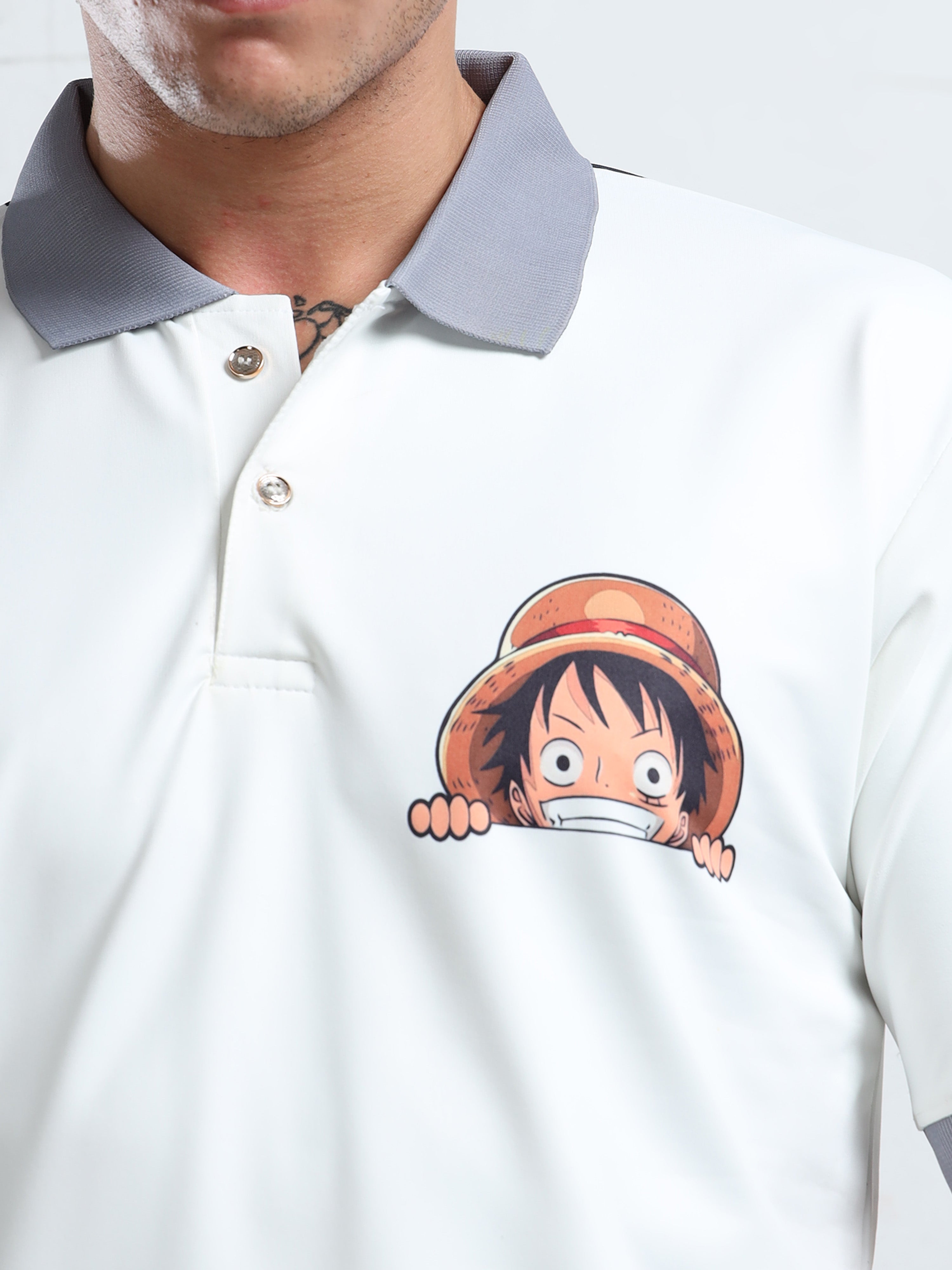 Men’s White Polo Shirt with Peek-a-Boo Anime Graphic