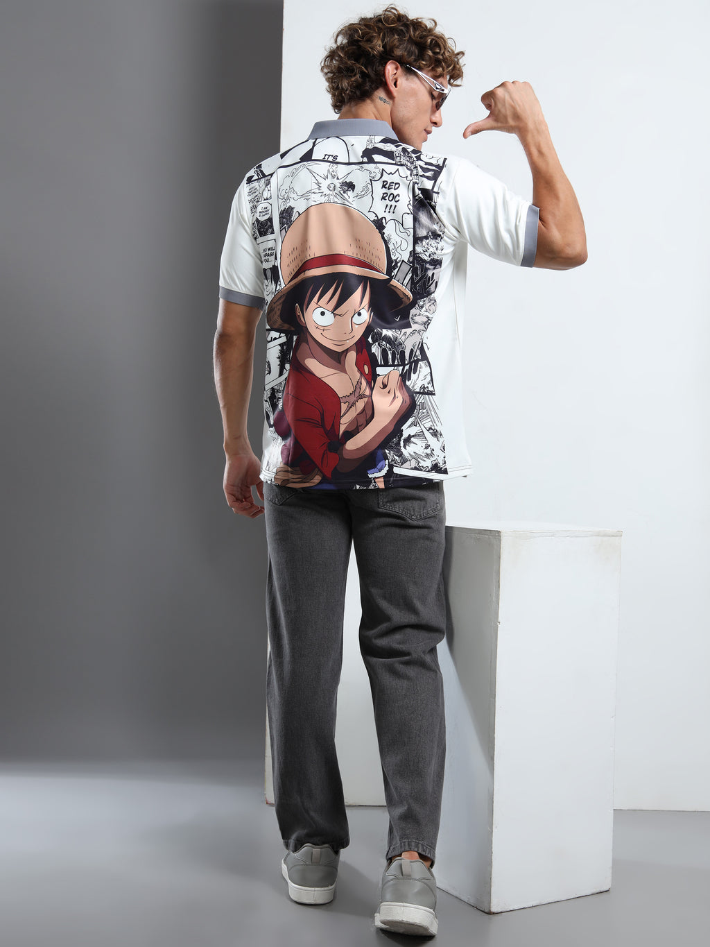 Men’s White Polo Shirt with Peek-a-Boo Anime Graphic