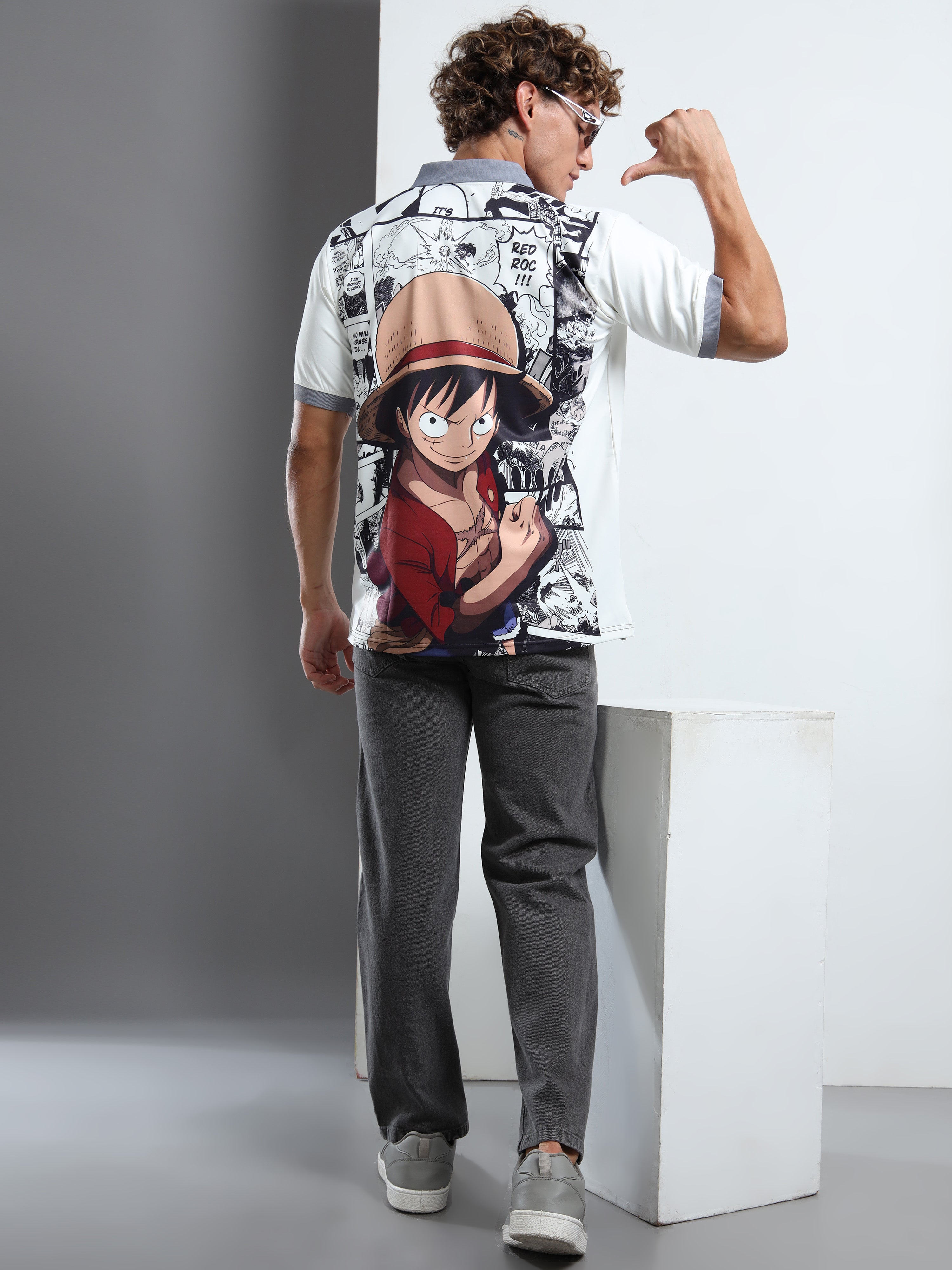 Men’s White Polo Shirt with Peek-a-Boo Anime Graphic