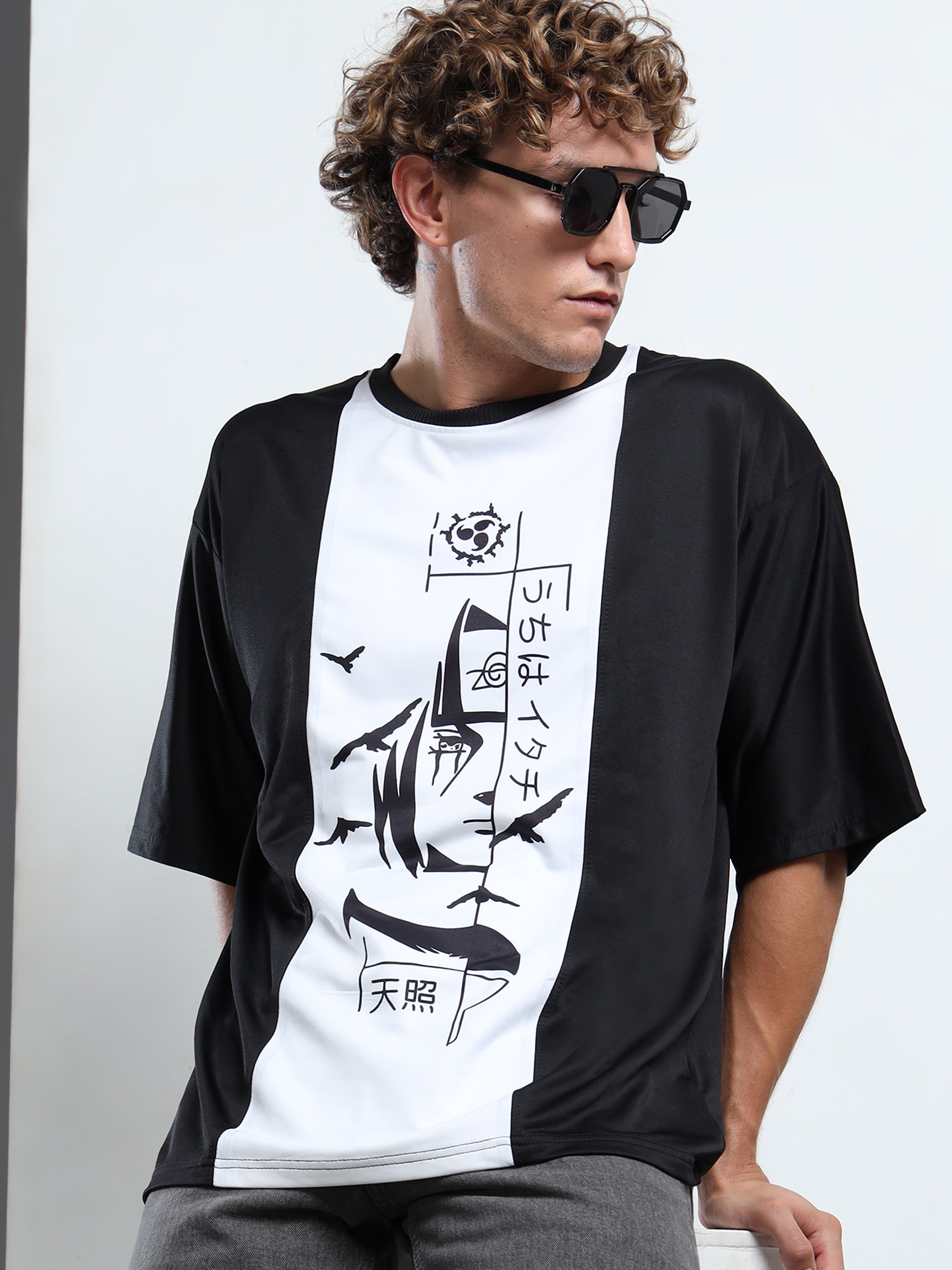 Men's Black and White Naruto Itachi Uchiha Oversized T-Shirt