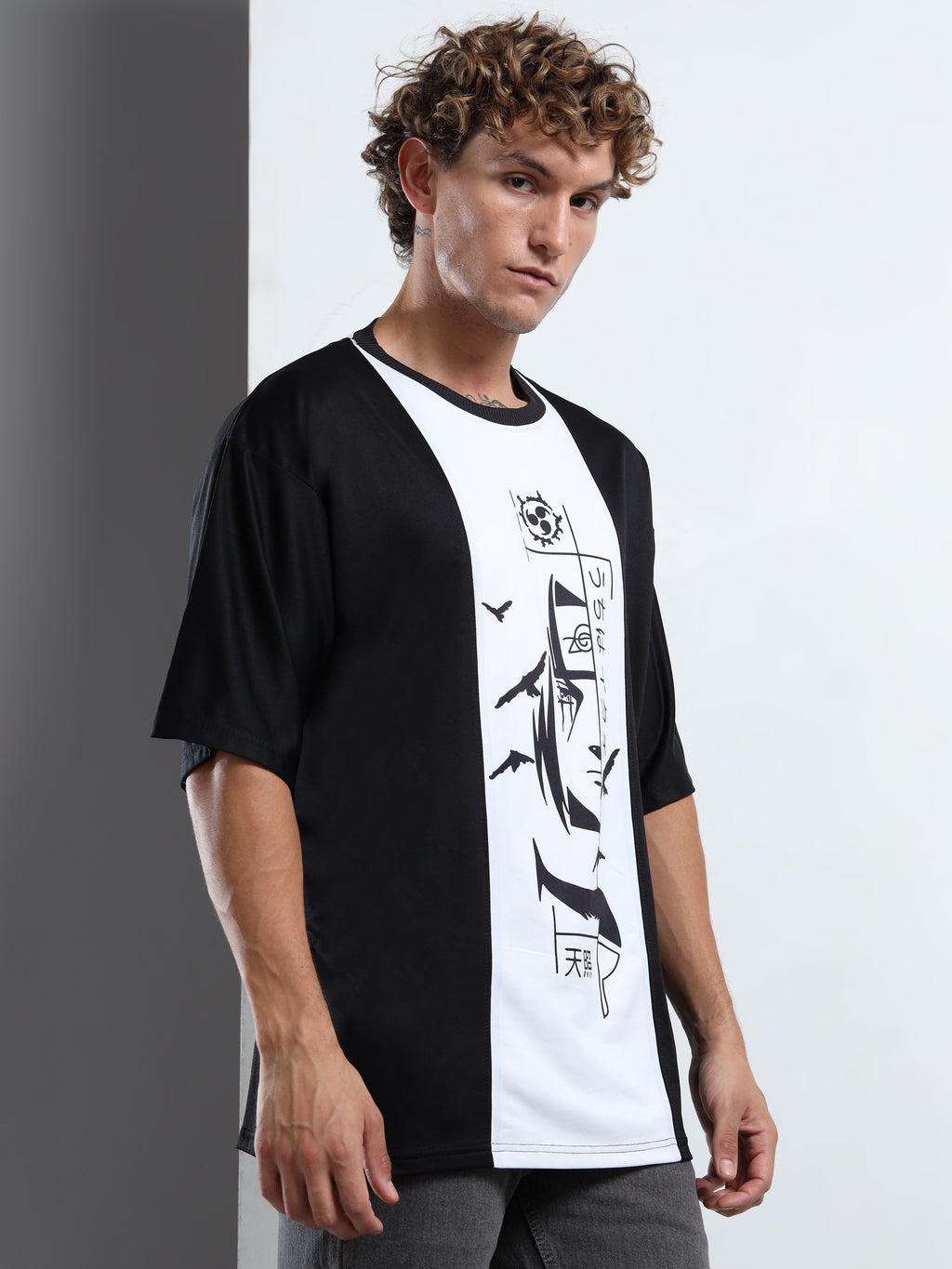 Men's Black and White Naruto Itachi Uchiha Oversized T-Shirt