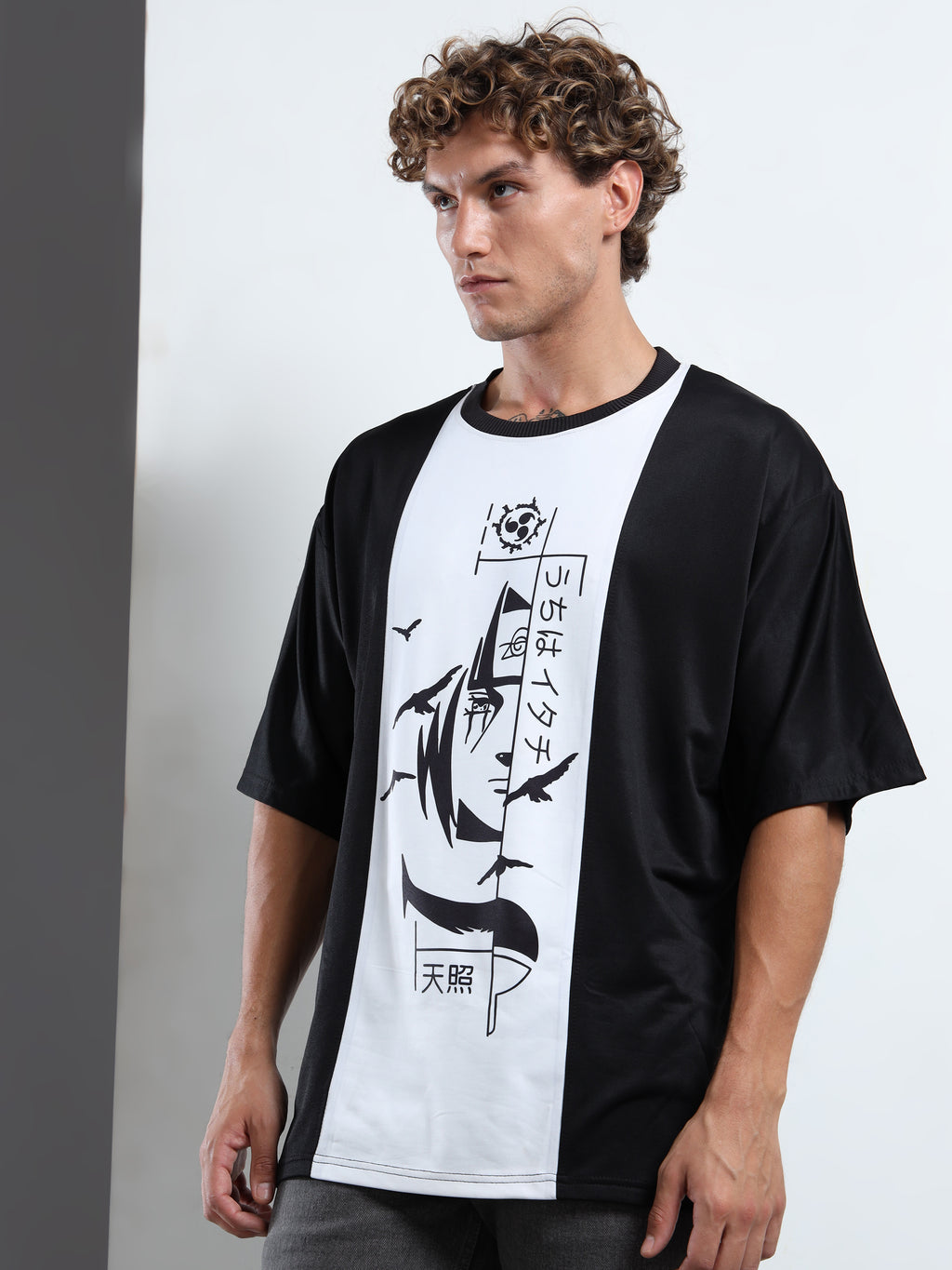 Men's Black and White Naruto Itachi Uchiha Oversized T-Shirt