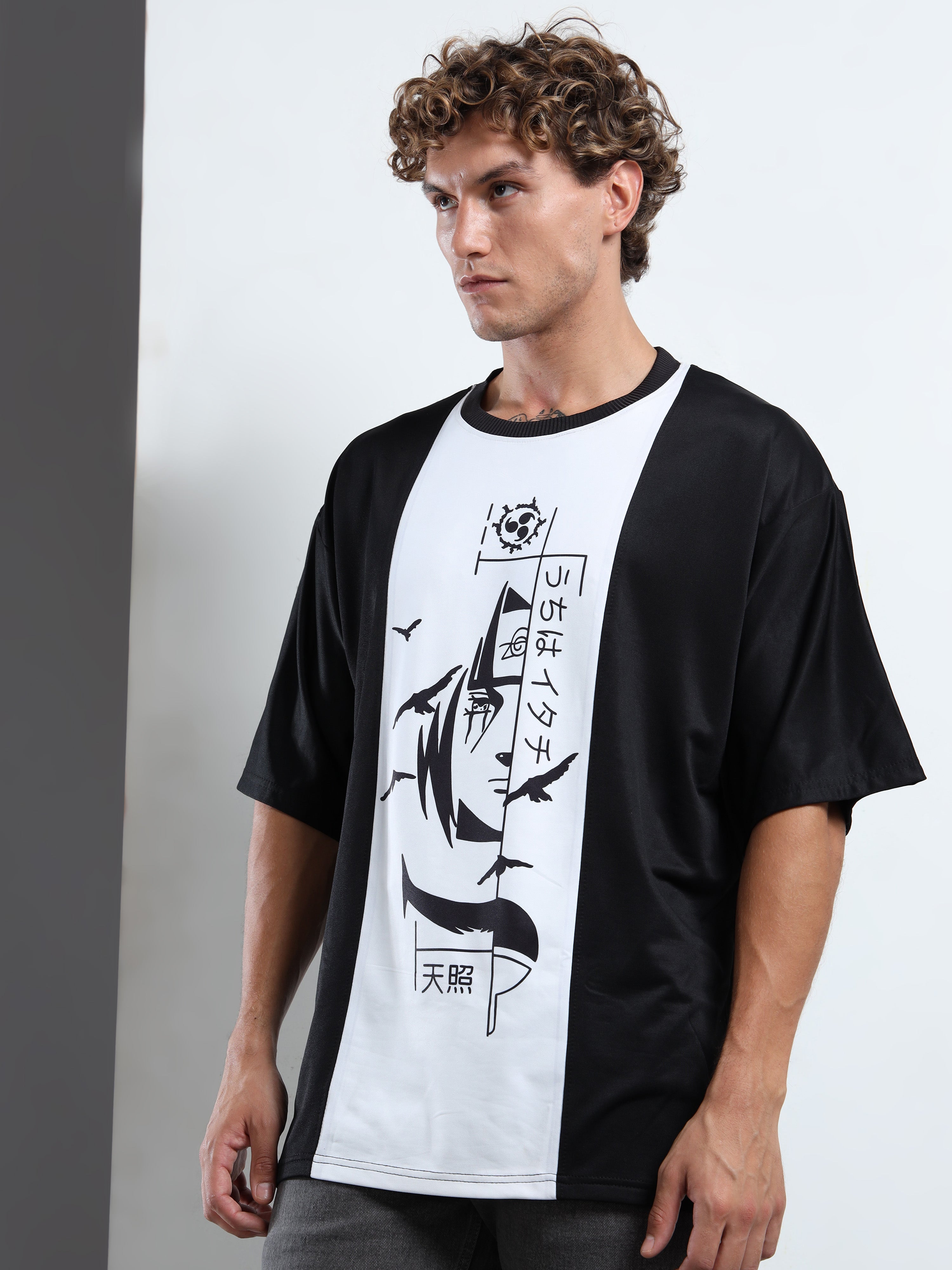 Men's Black and White Naruto Itachi Uchiha Oversized T-Shirt