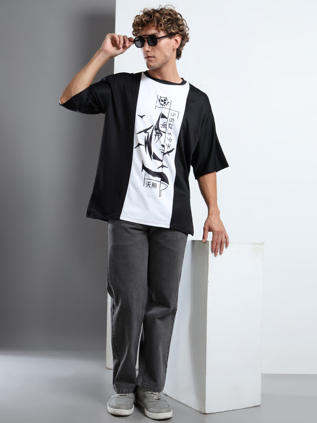 Men's Black and White Naruto Itachi Uchiha Oversized T-Shirt