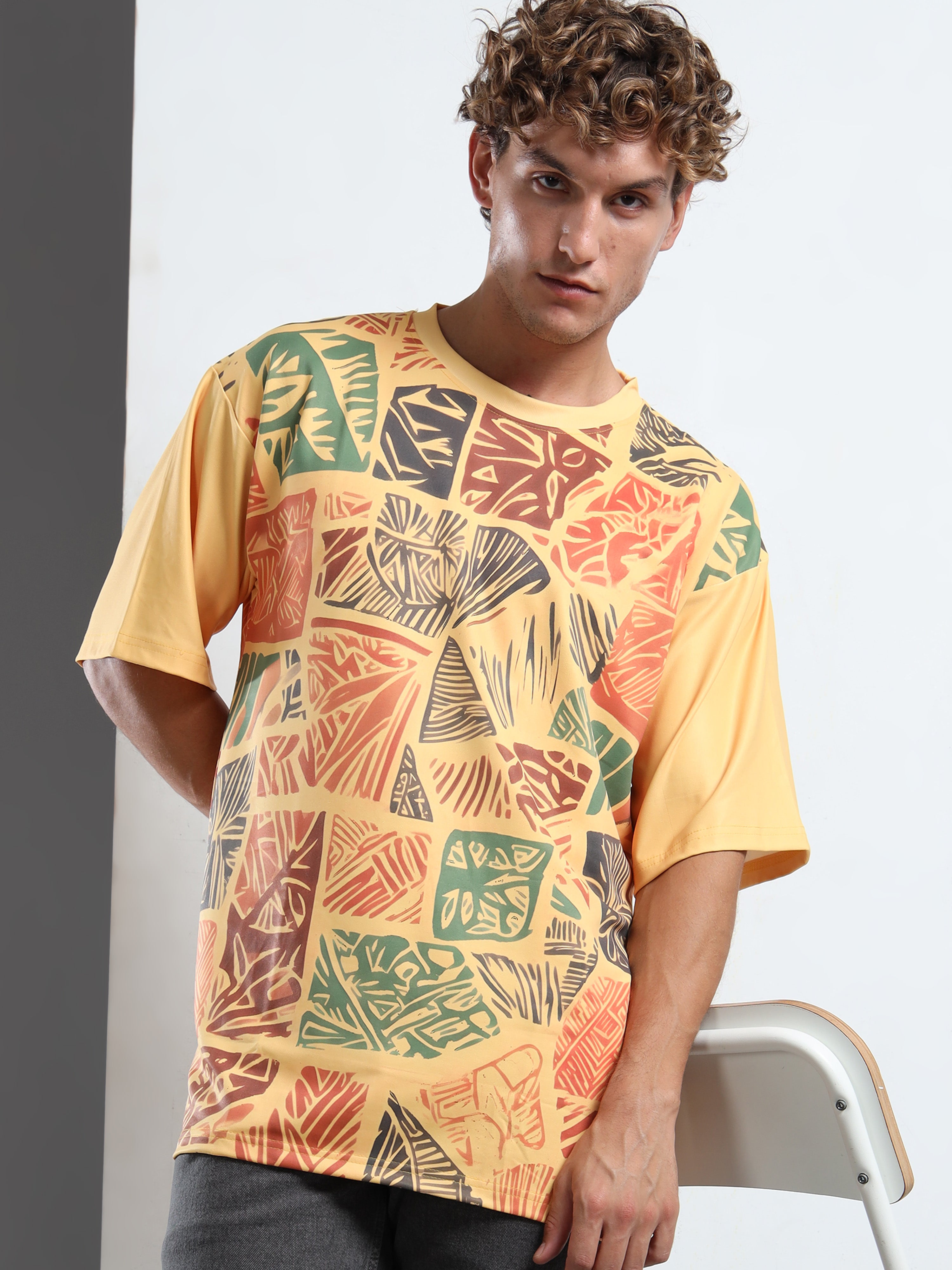 Men's Yellow Multi-Colored Tribal Print Oversized T-Shirt