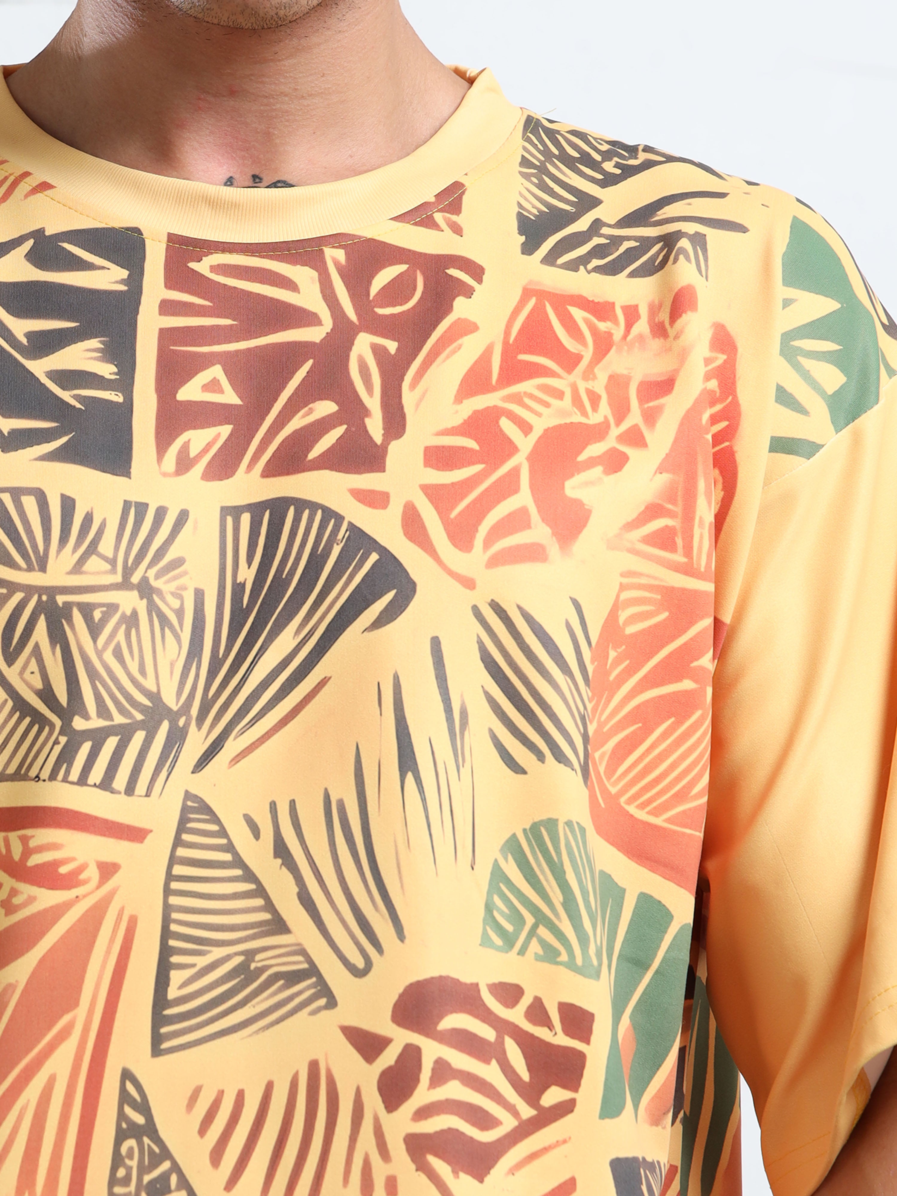 Men's Yellow Multi-Colored Tribal Print Oversized T-Shirt