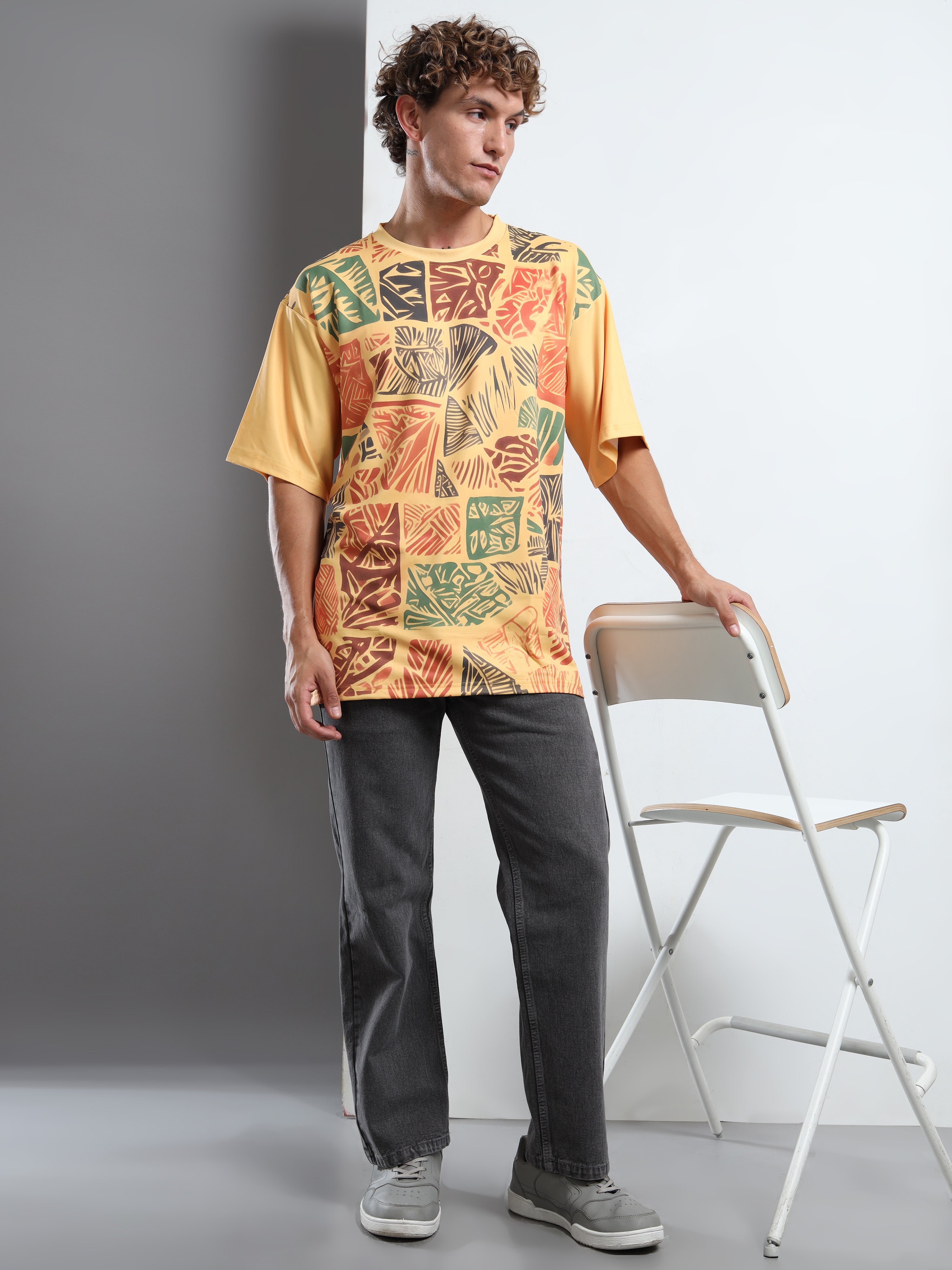 Men's Yellow Multi-Colored Tribal Print Oversized T-Shirt