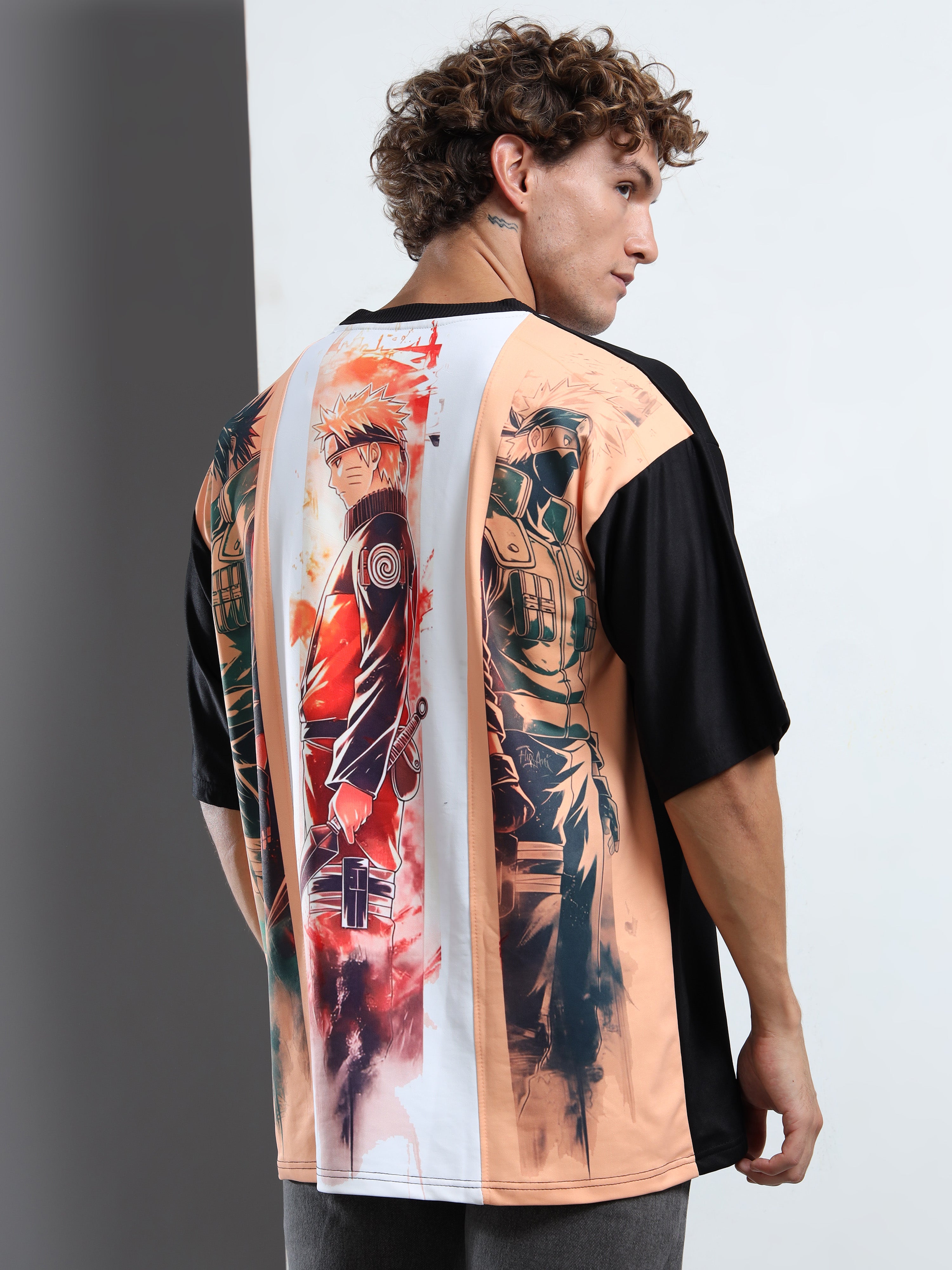 Men's Black and White Naruto and Kakashi Oversized T-Shirt