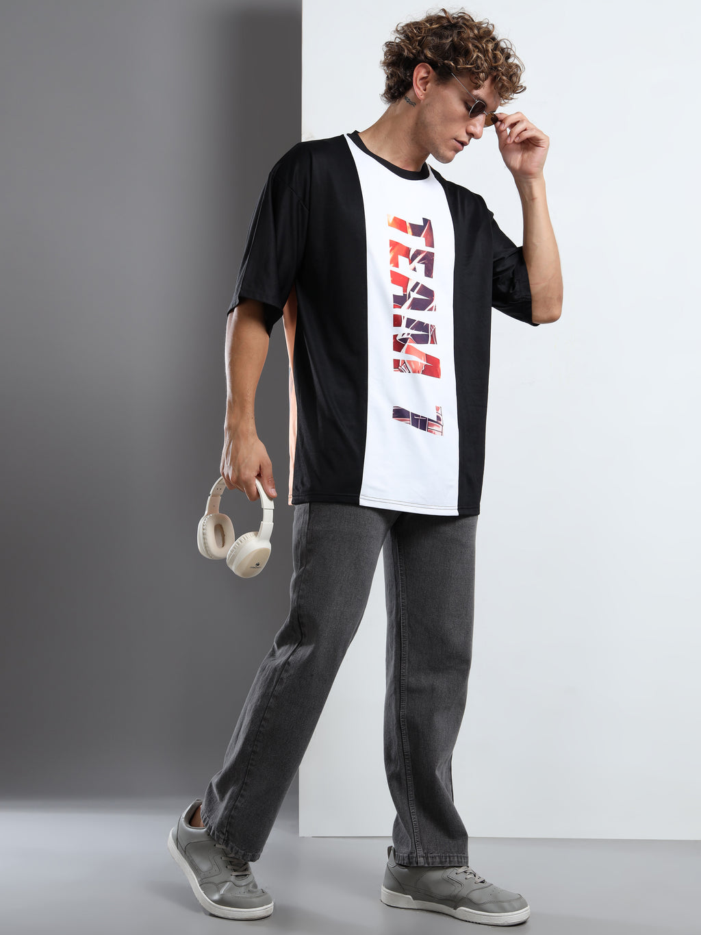 Men's Black and White Naruto and Kakashi Oversized T-Shirt