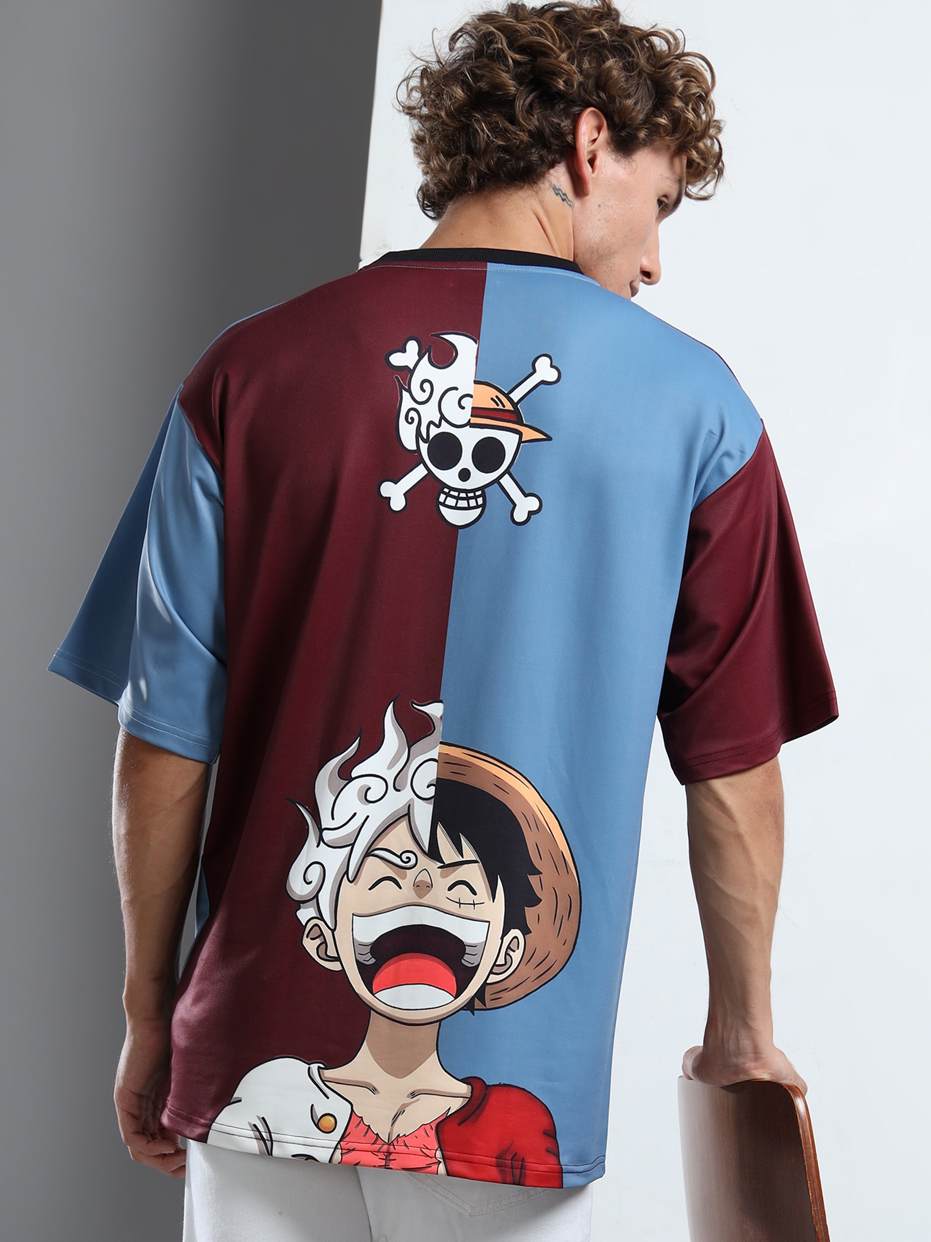 Men's Maroon and Blue One Piece Split Oversized T-Shirt