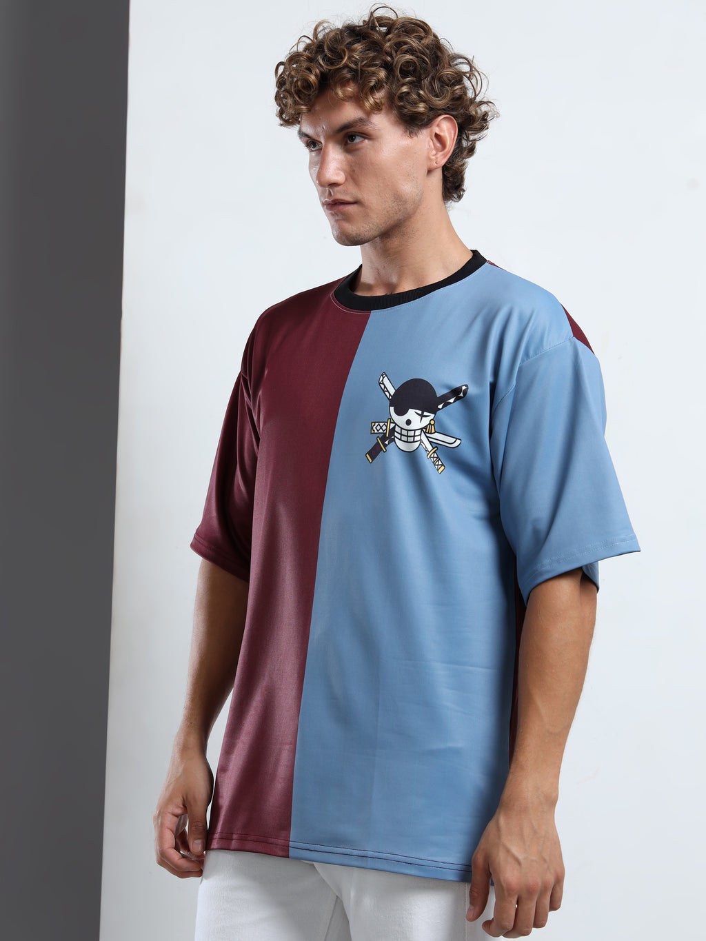 Men's Maroon and Blue One Piece Split Oversized T-Shirt