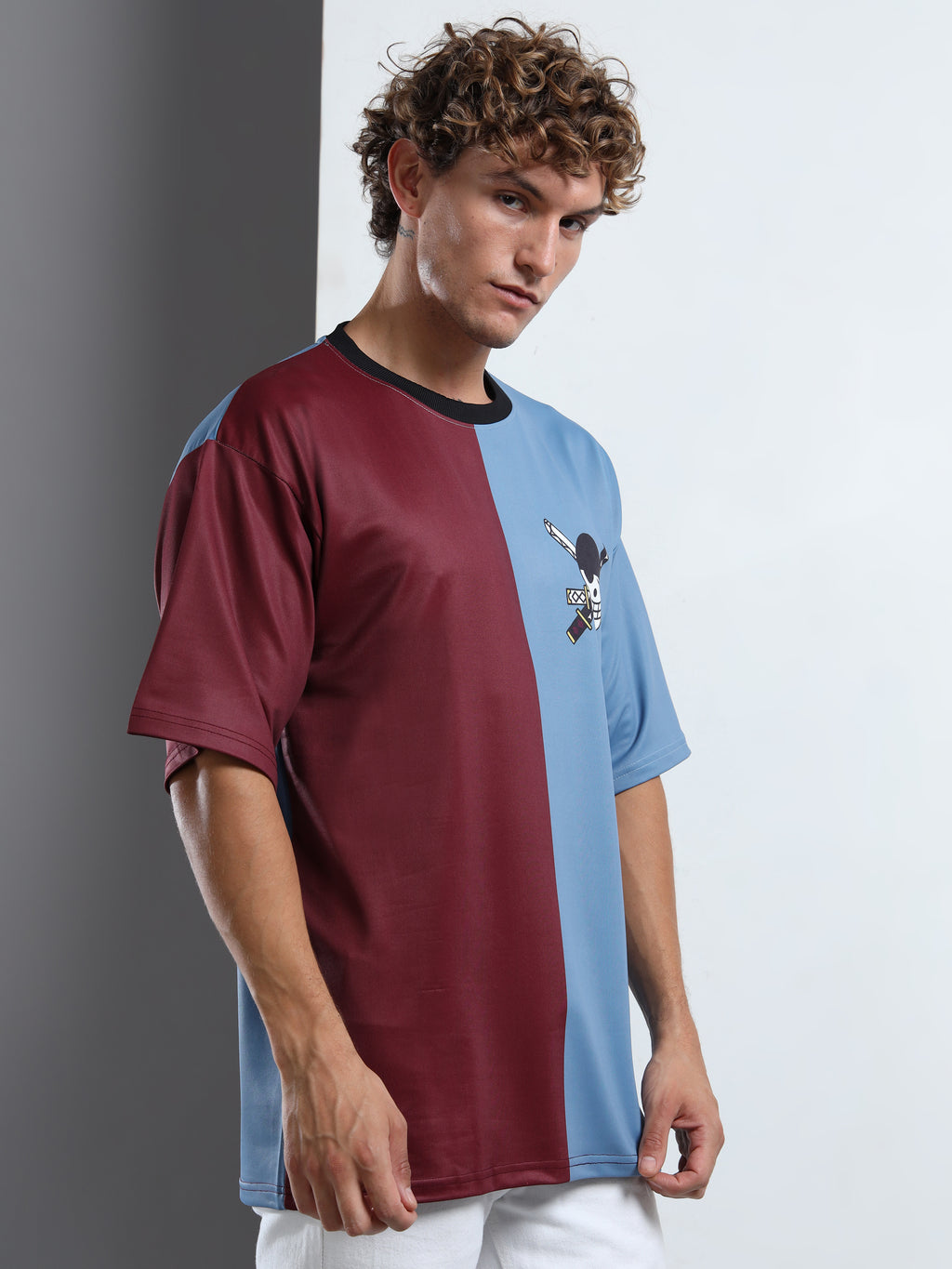 Men's Maroon and Blue One Piece Split Oversized T-Shirt