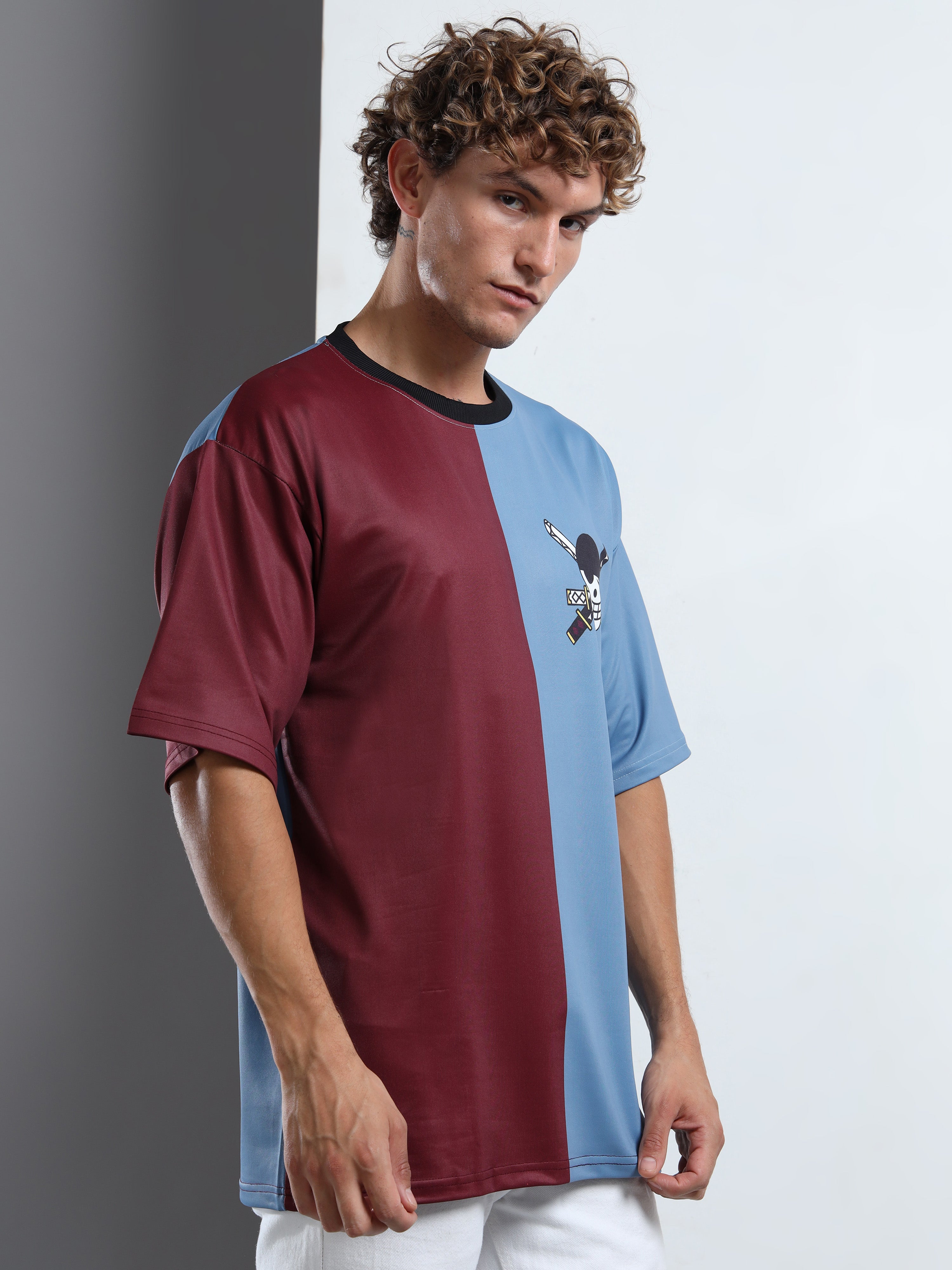 Men's Maroon and Blue One Piece Split Oversized T-Shirt