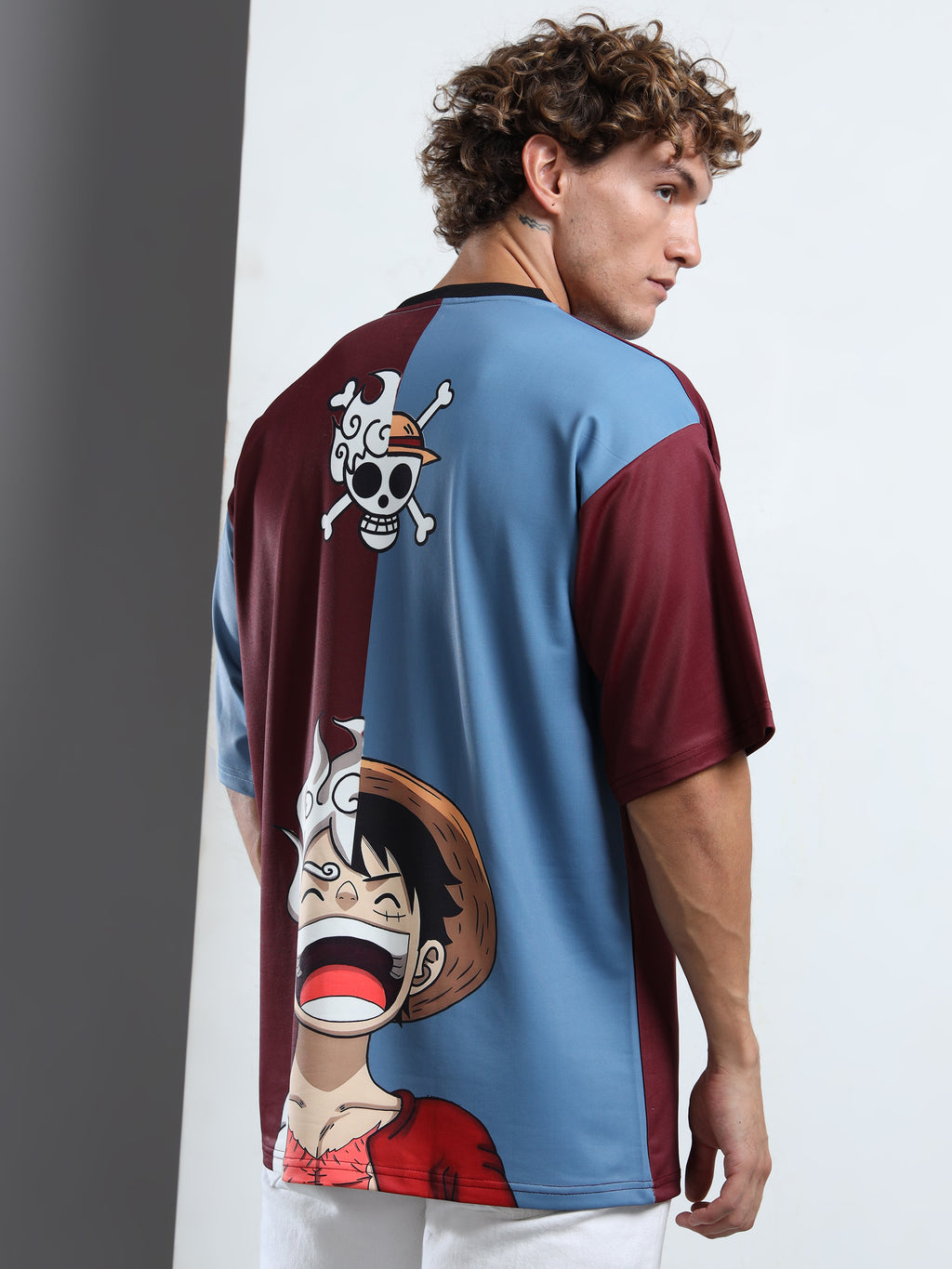Men's Maroon and Blue One Piece Split Oversized T-Shirt