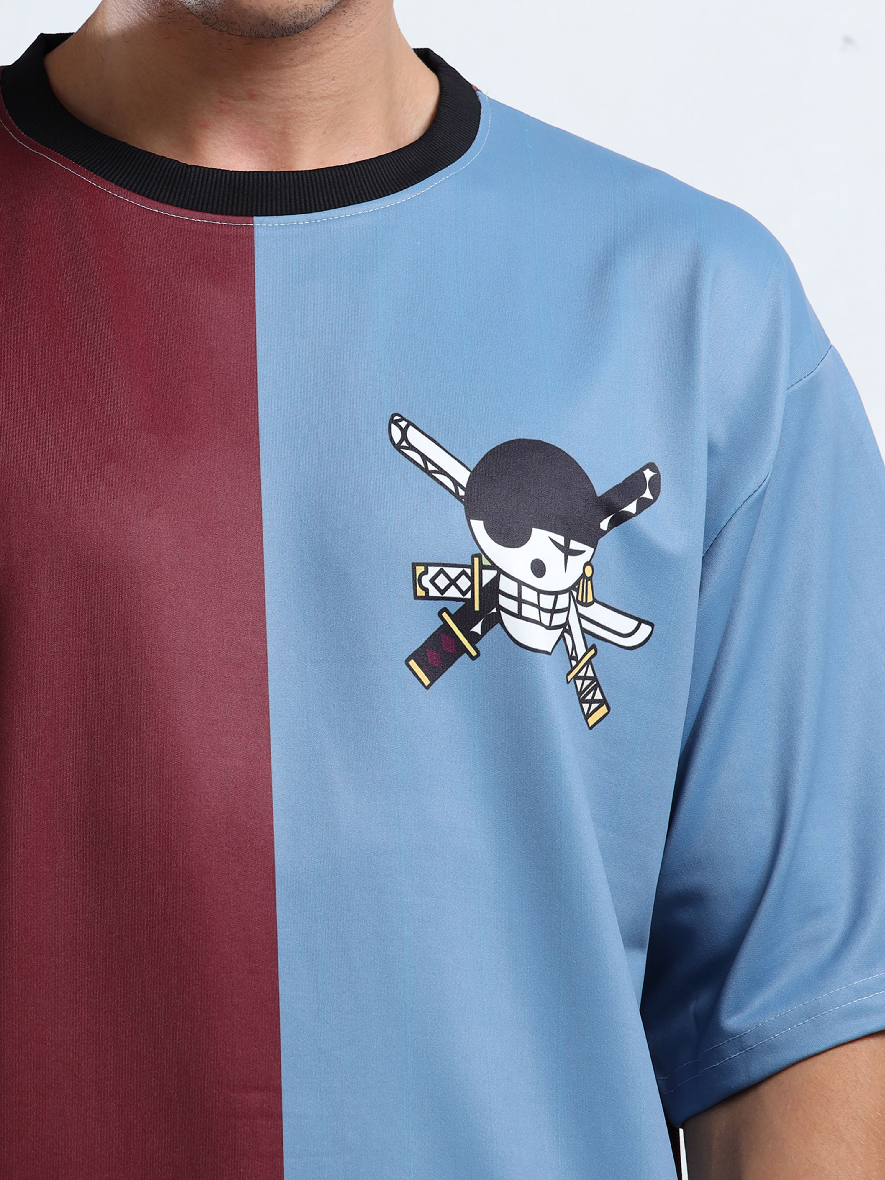 Men's Maroon and Blue One Piece Split Oversized T-Shirt